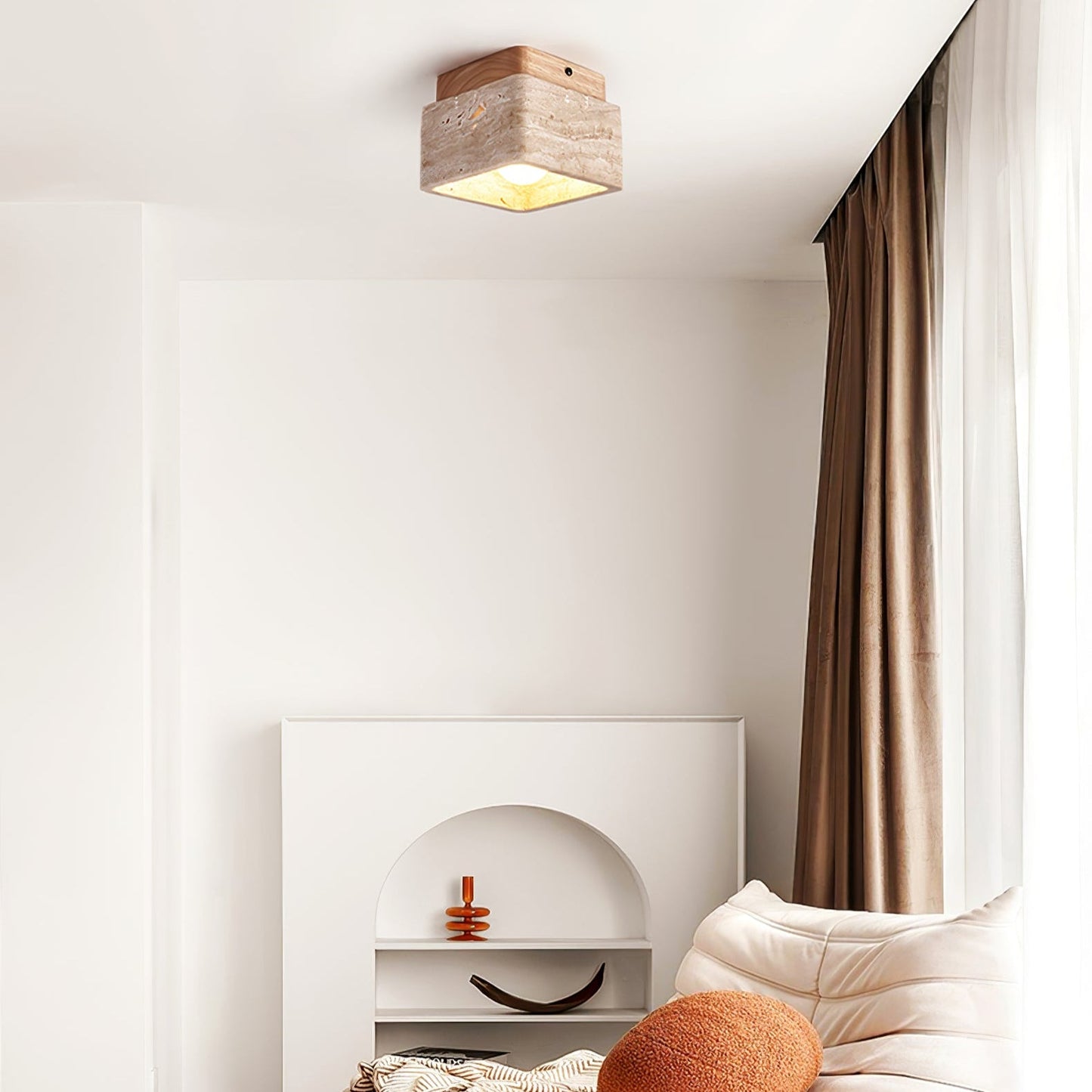 Terra Block Ceiling Light | Yellow Travertine & Walnut Wood | 12cm x 12cm x 9cm