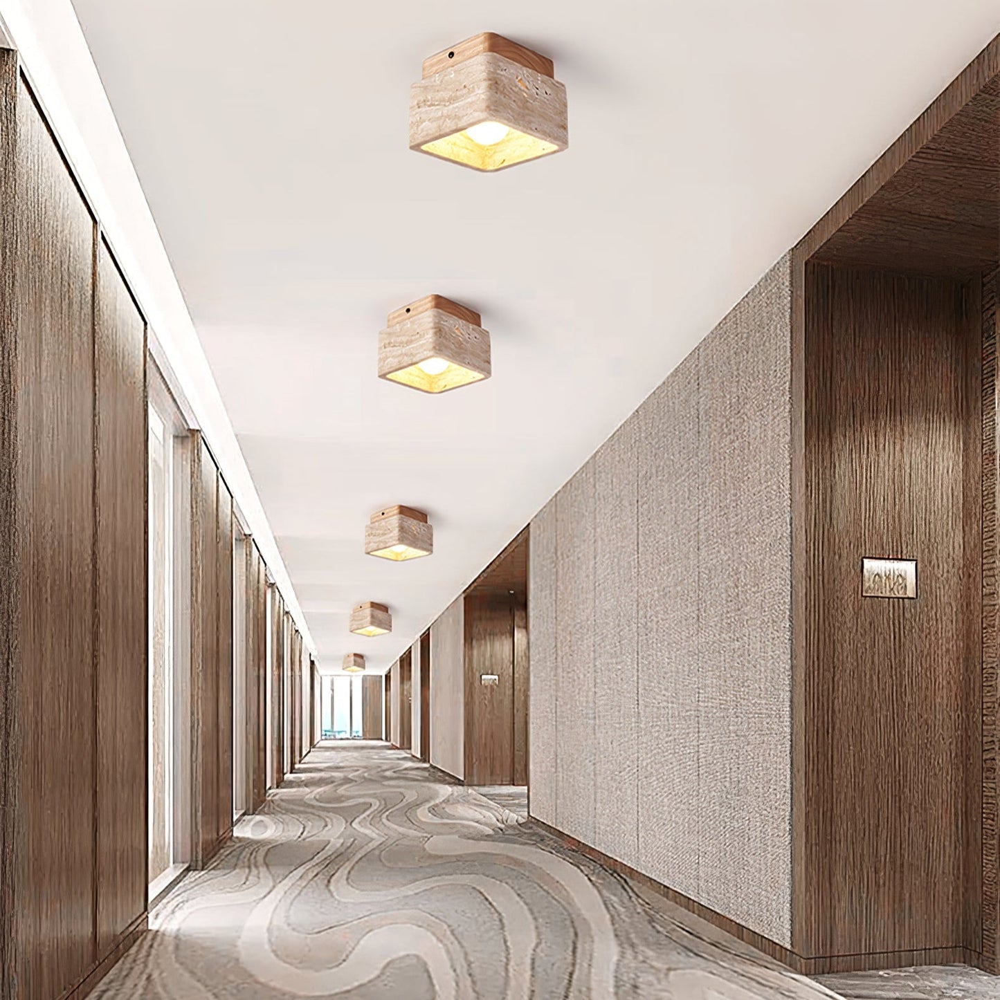 Terra Block Ceiling Light | Yellow Travertine & Walnut Wood | 12cm x 12cm x 9cm