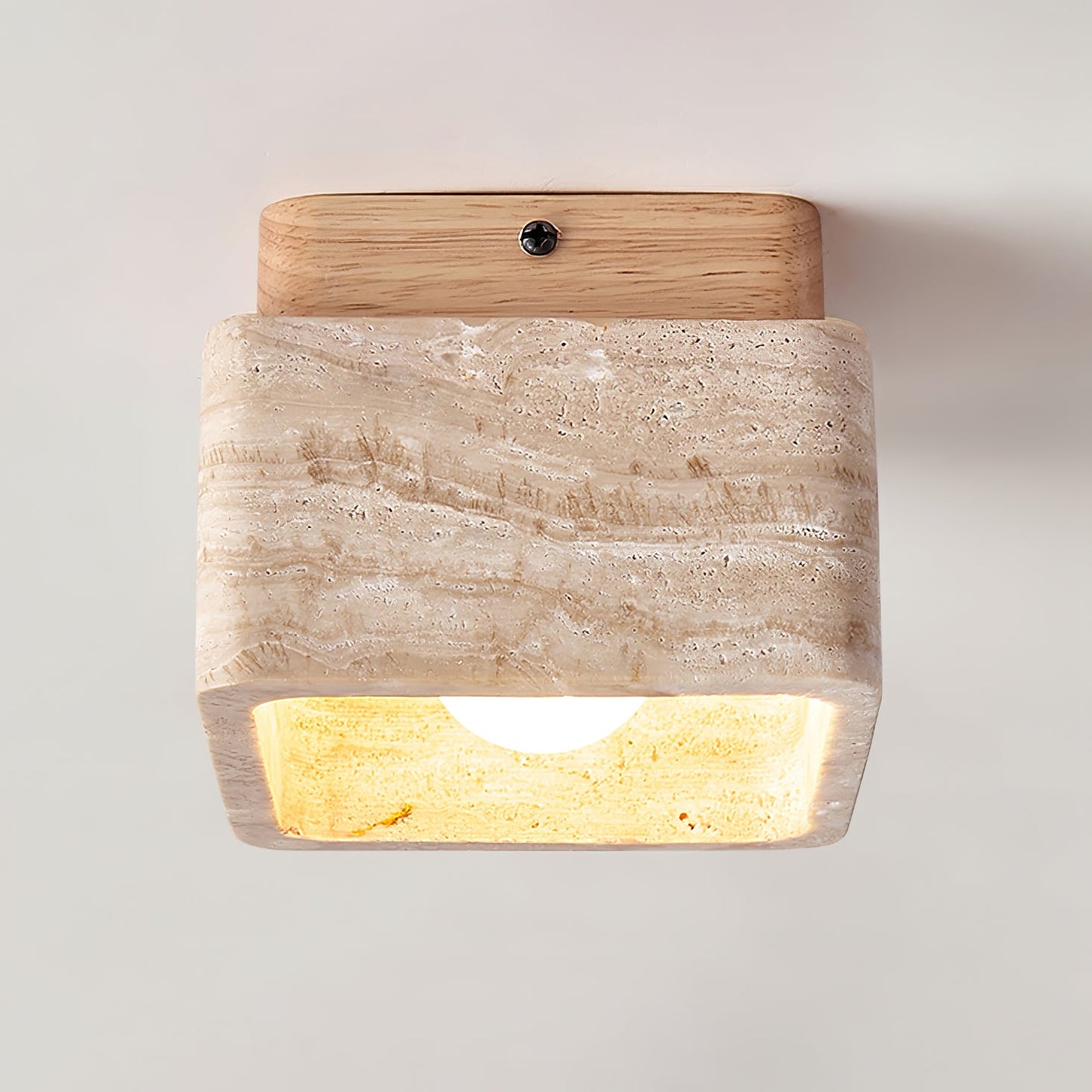 Terra Block Ceiling Light | Yellow Travertine & Walnut Wood | 12cm x 12cm x 9cm