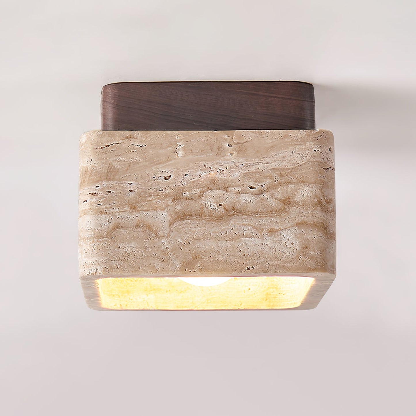 Terra Block Ceiling Light | Yellow Travertine & Walnut Wood | 12cm x 12cm x 9cm