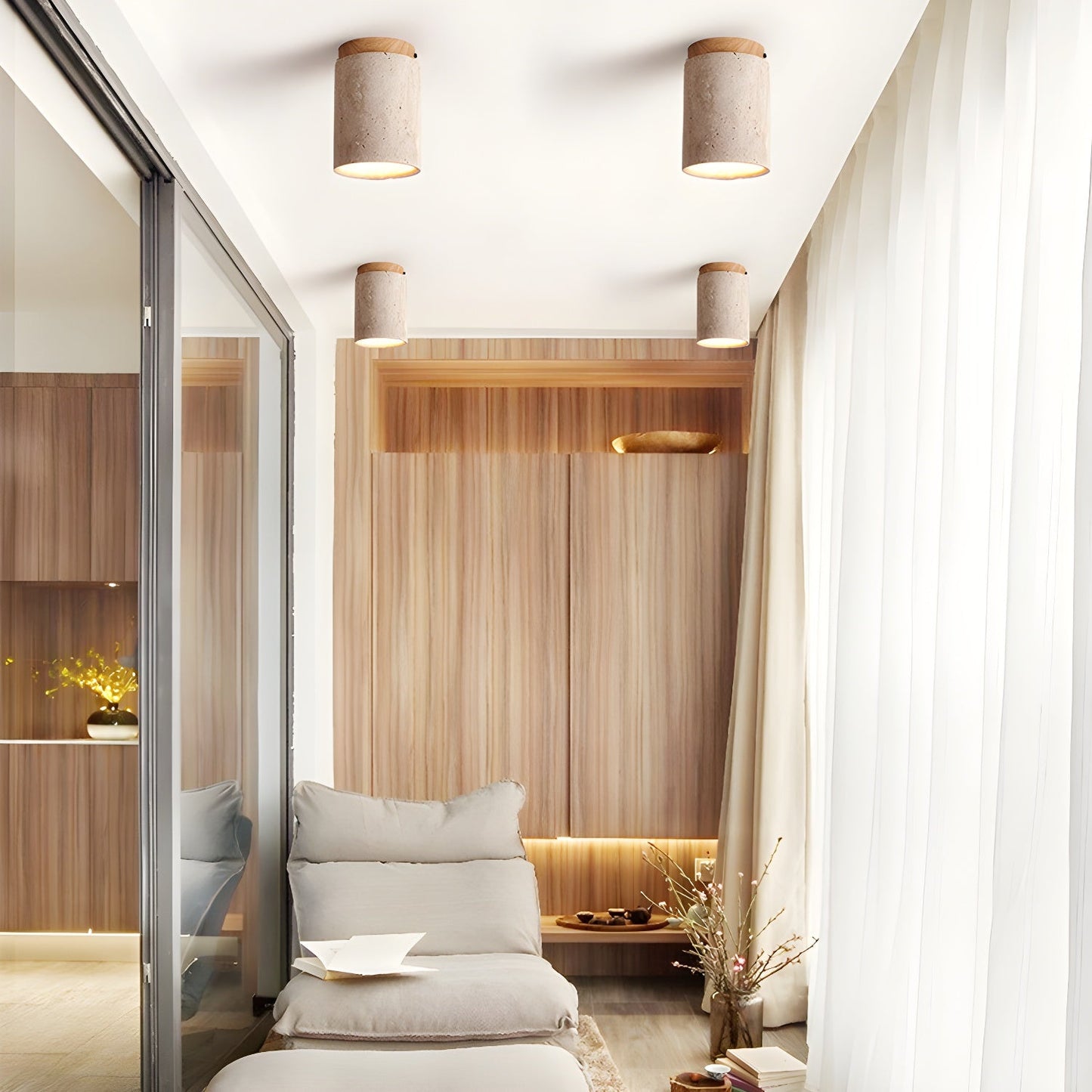 Terra Ceiling Light | Yellow Travertine Shade | Walnut Wood Base