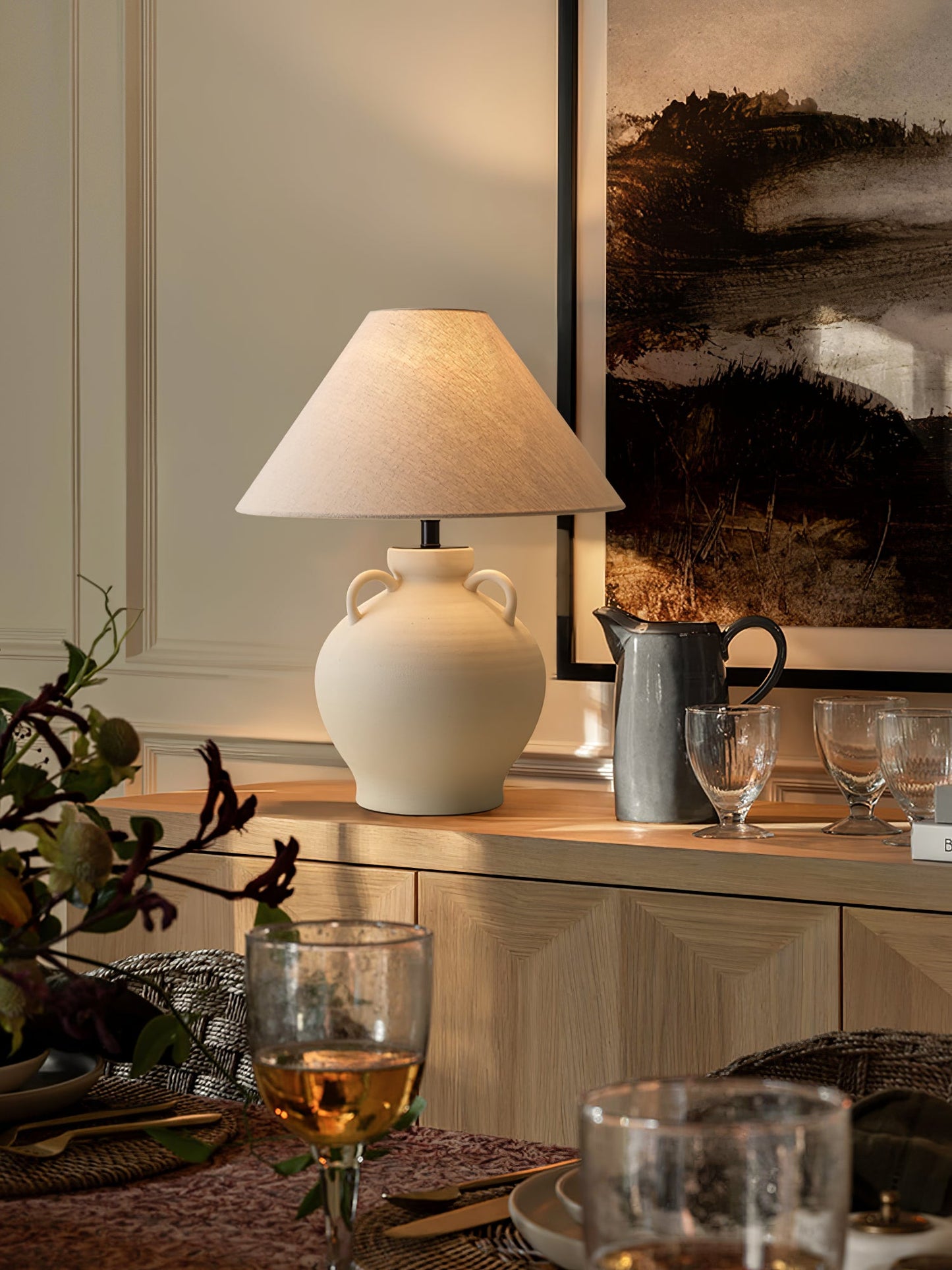 Terracotta Table Lamp | Ceramic Base with Linen Shade | 40cm Diameter
