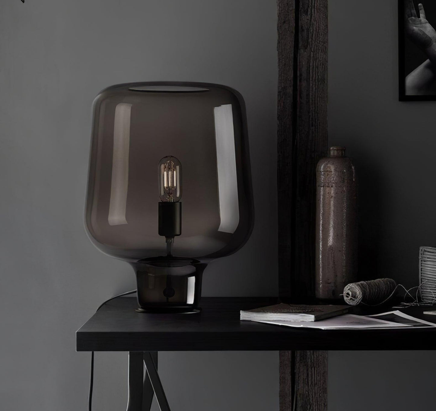 Teutonic Table Lamp | Smoke Gray Glass & Metal | 24cm Diameter