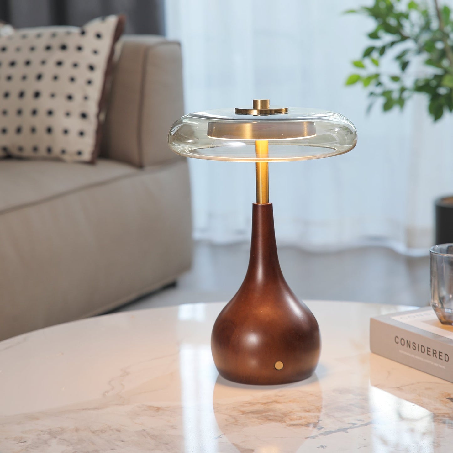Theo Table Lamp | Wooden Base & Amber Glass Shade | 3-Color LED