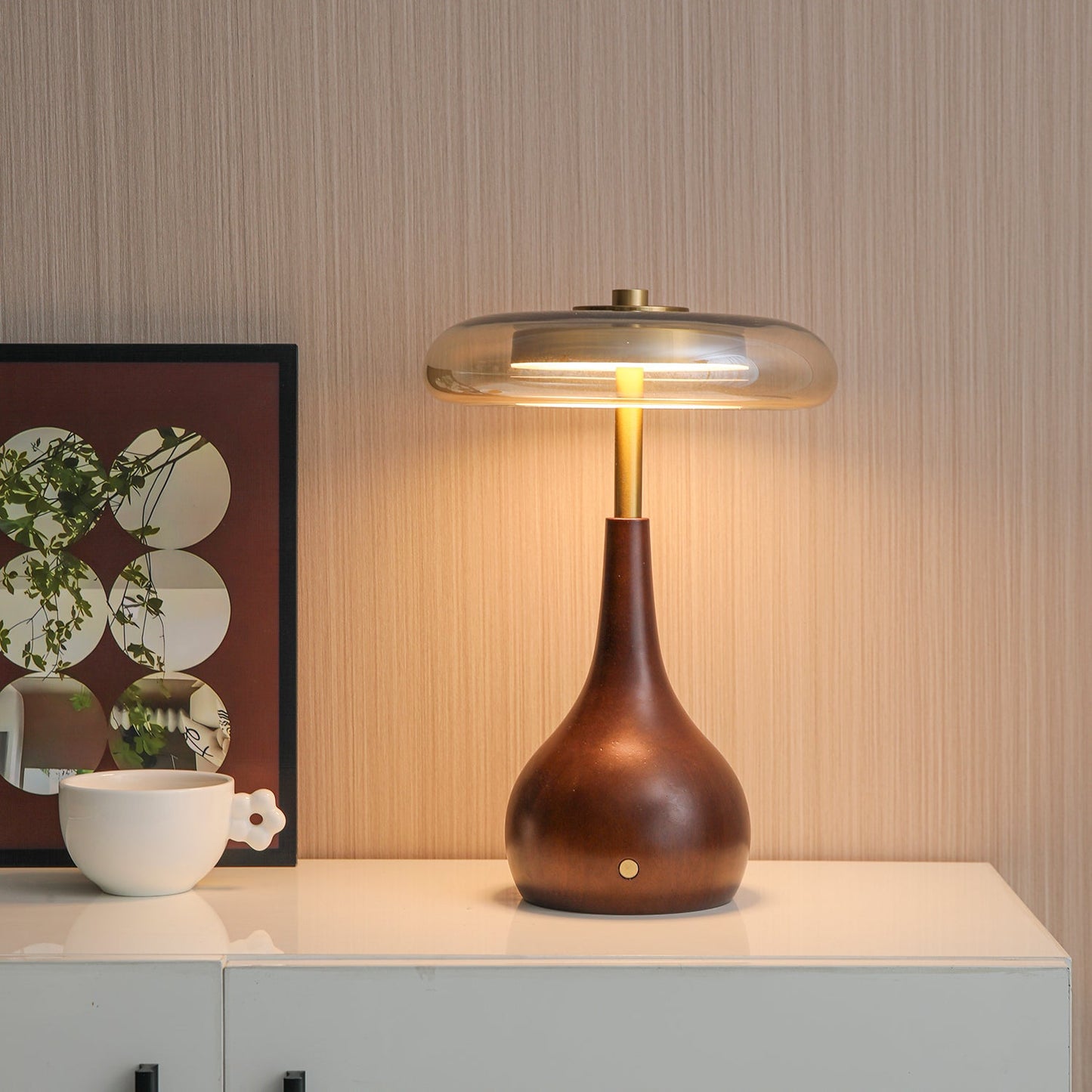 Theo Table Lamp | Wooden Base & Amber Glass Shade | 3-Color LED