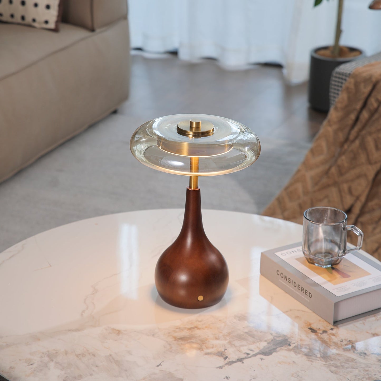 Theo Table Lamp | Wooden Base & Amber Glass Shade | 3-Color LED