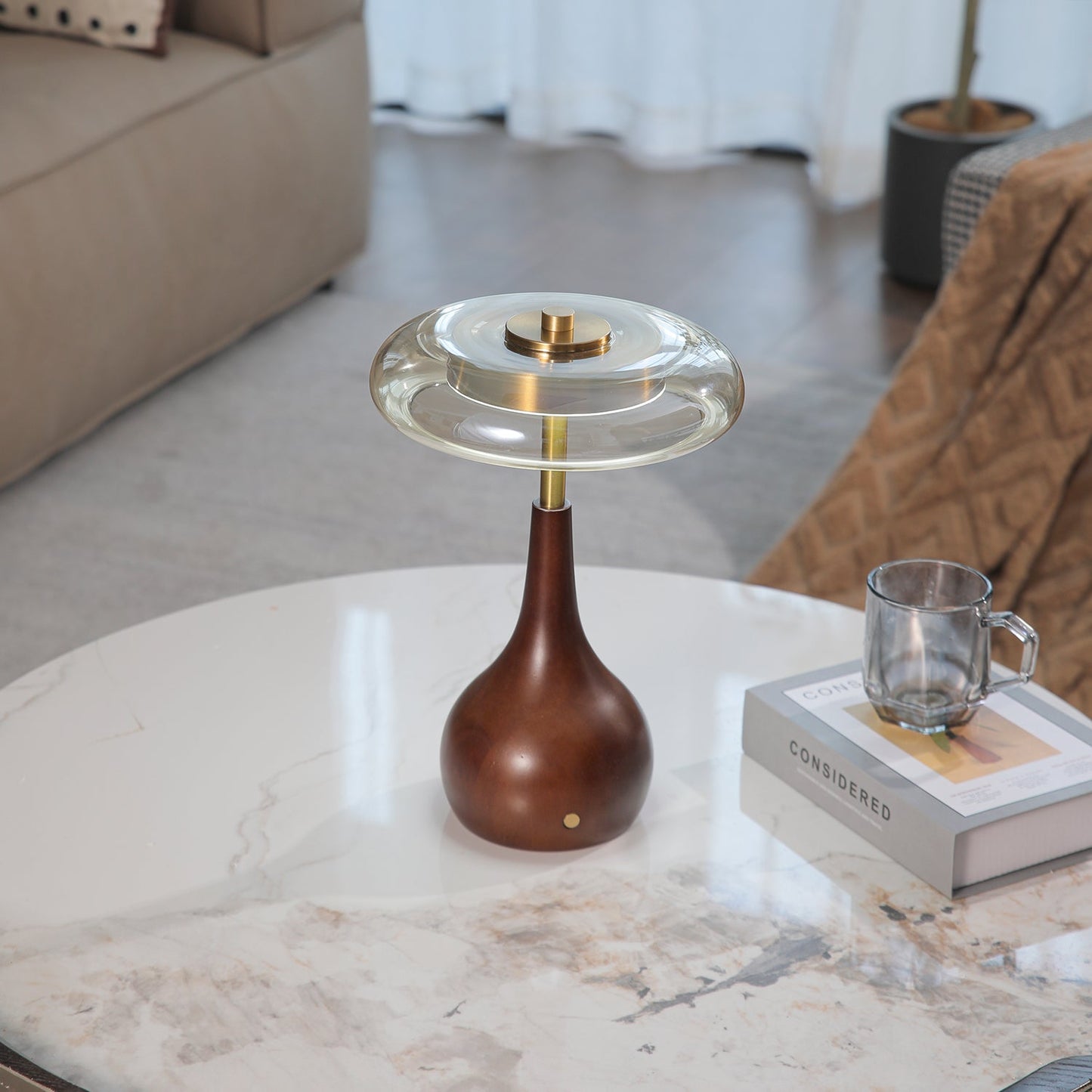 Theo Table Lamp | Wooden Base & Amber Glass Shade | 3-Color LED