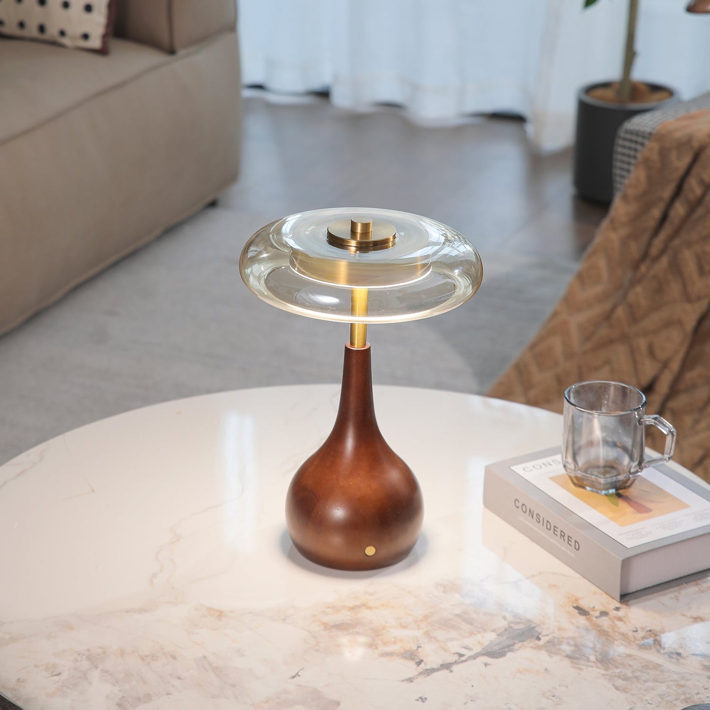 Theo Table Lamp | Wooden Base & Amber Glass Shade | 3-Color LED