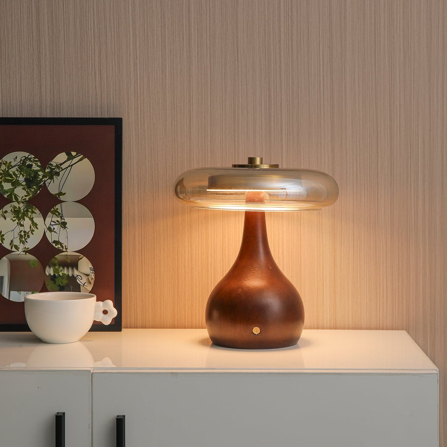 Theo Table Lamp | Wooden Base & Amber Glass Shade | 3-Color LED