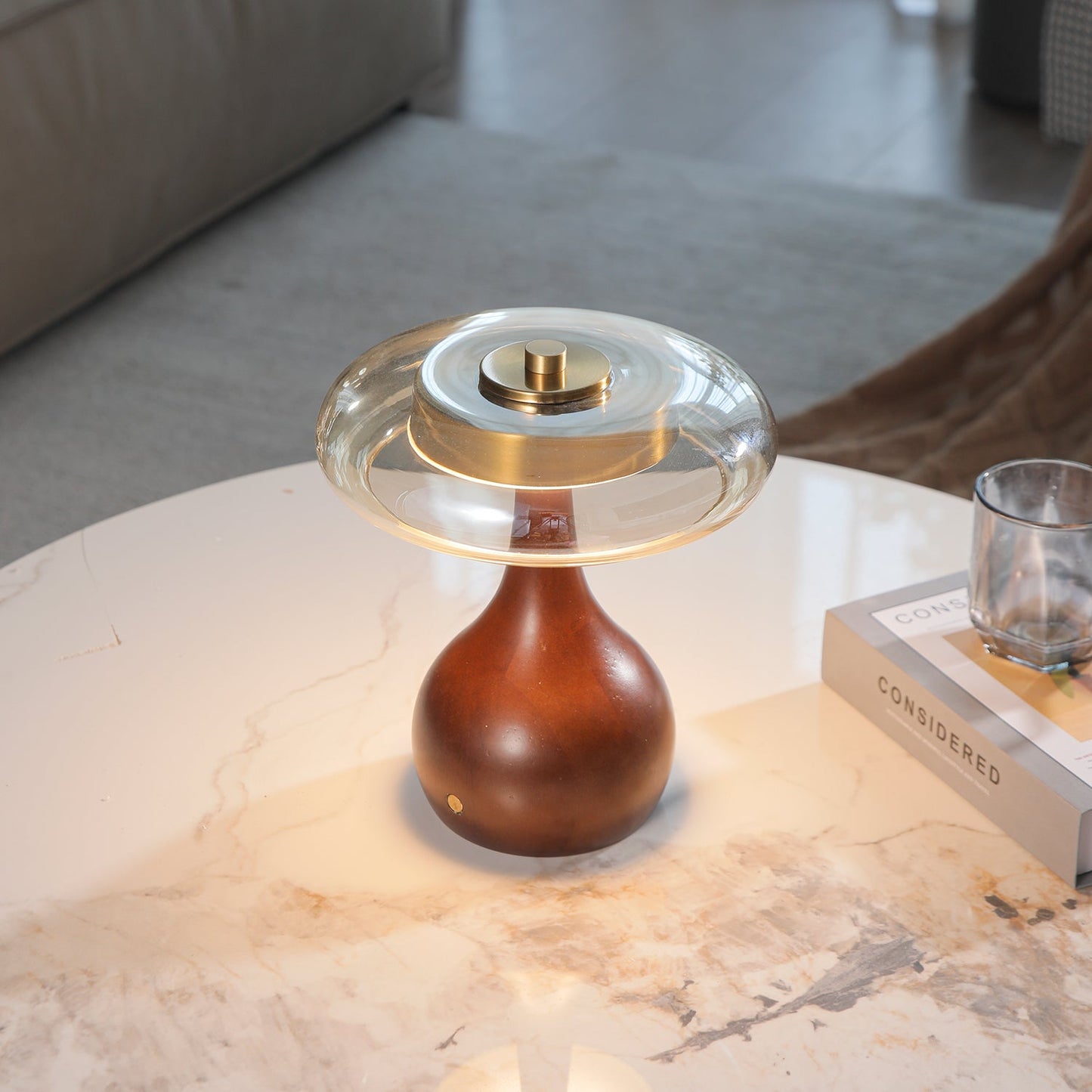 Theo Table Lamp | Wooden Base & Amber Glass Shade | 3-Color LED