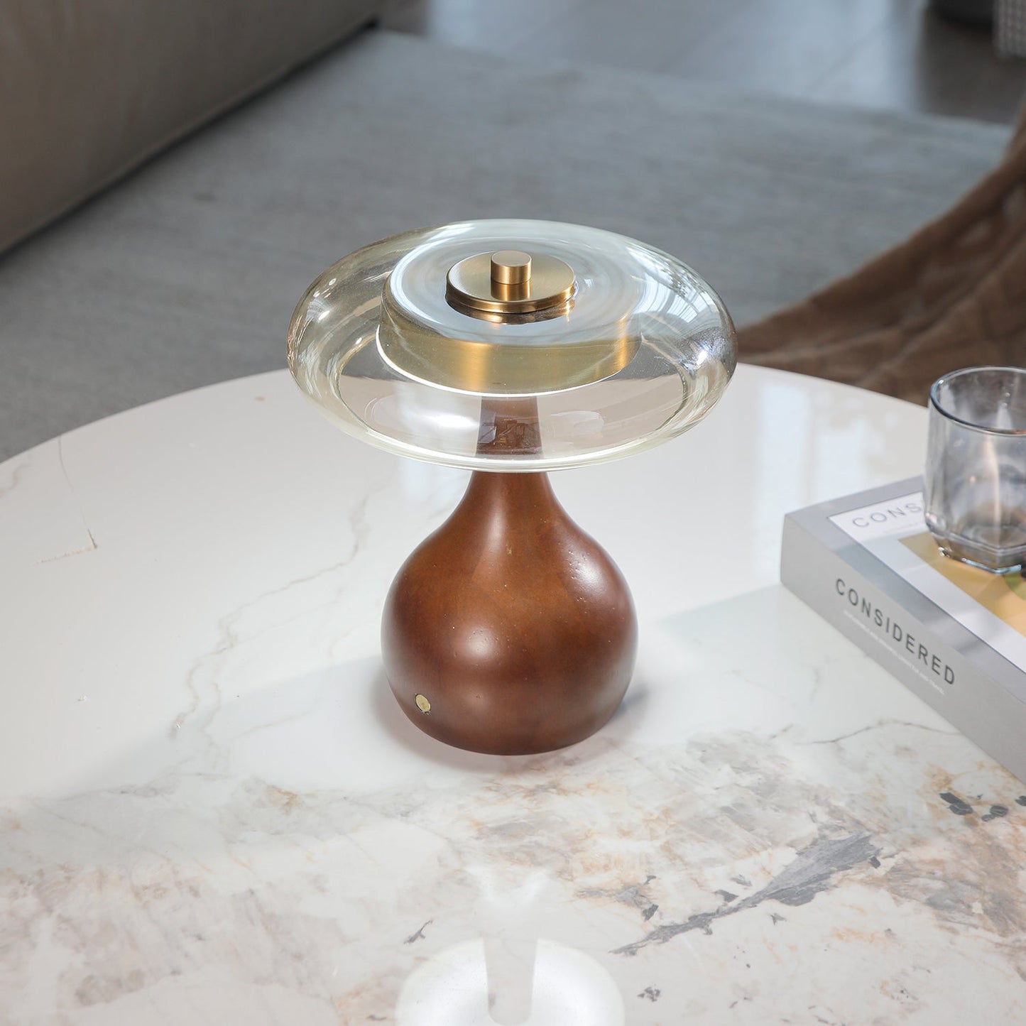 Theo Table Lamp | Wooden Base & Amber Glass Shade | 3-Color LED
