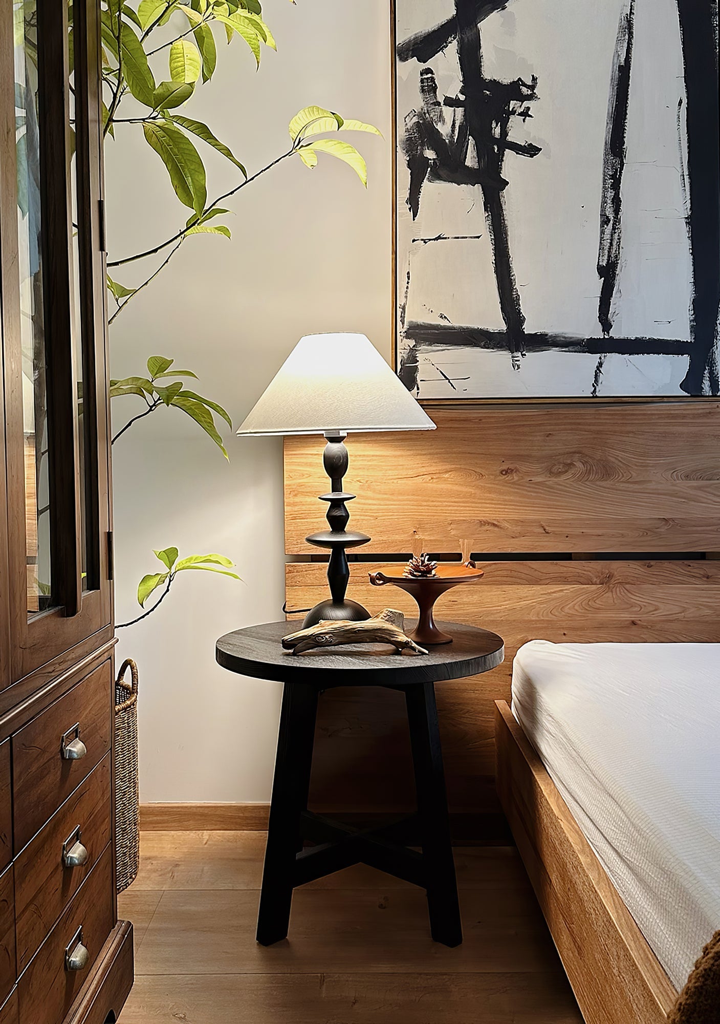 Wood Table Lamp | Handcrafted Oak with Linen Shade | Walnut Color