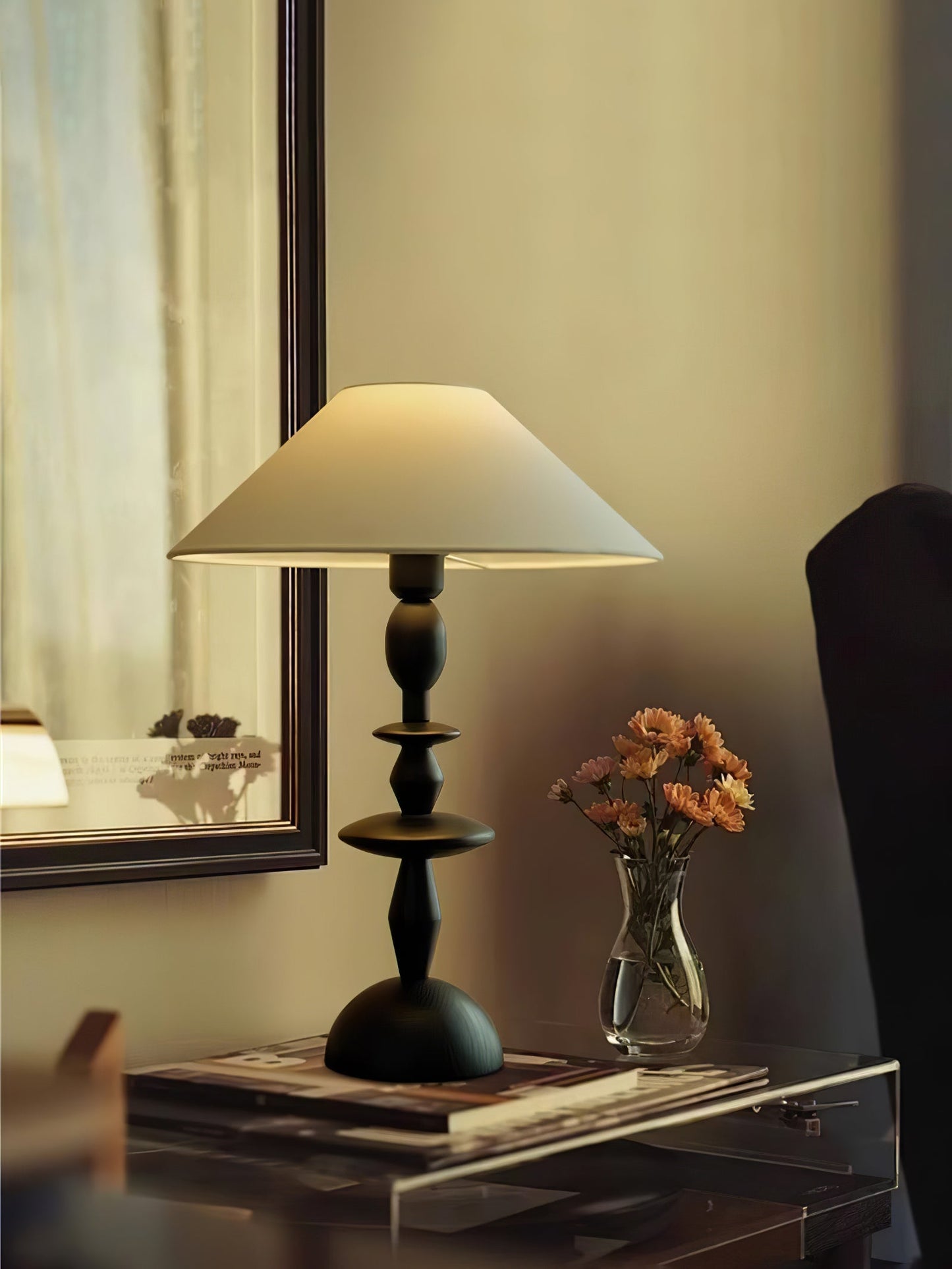 Wood Table Lamp | Handcrafted Oak with Linen Shade | Walnut Color