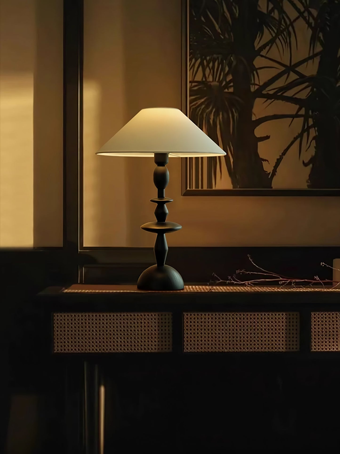 Wood Table Lamp | Handcrafted Oak with Linen Shade | Walnut Color