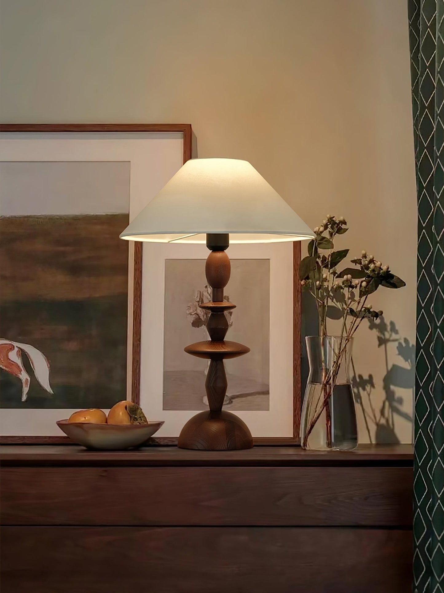 Wood Table Lamp | Handcrafted Oak with Linen Shade | Walnut Color