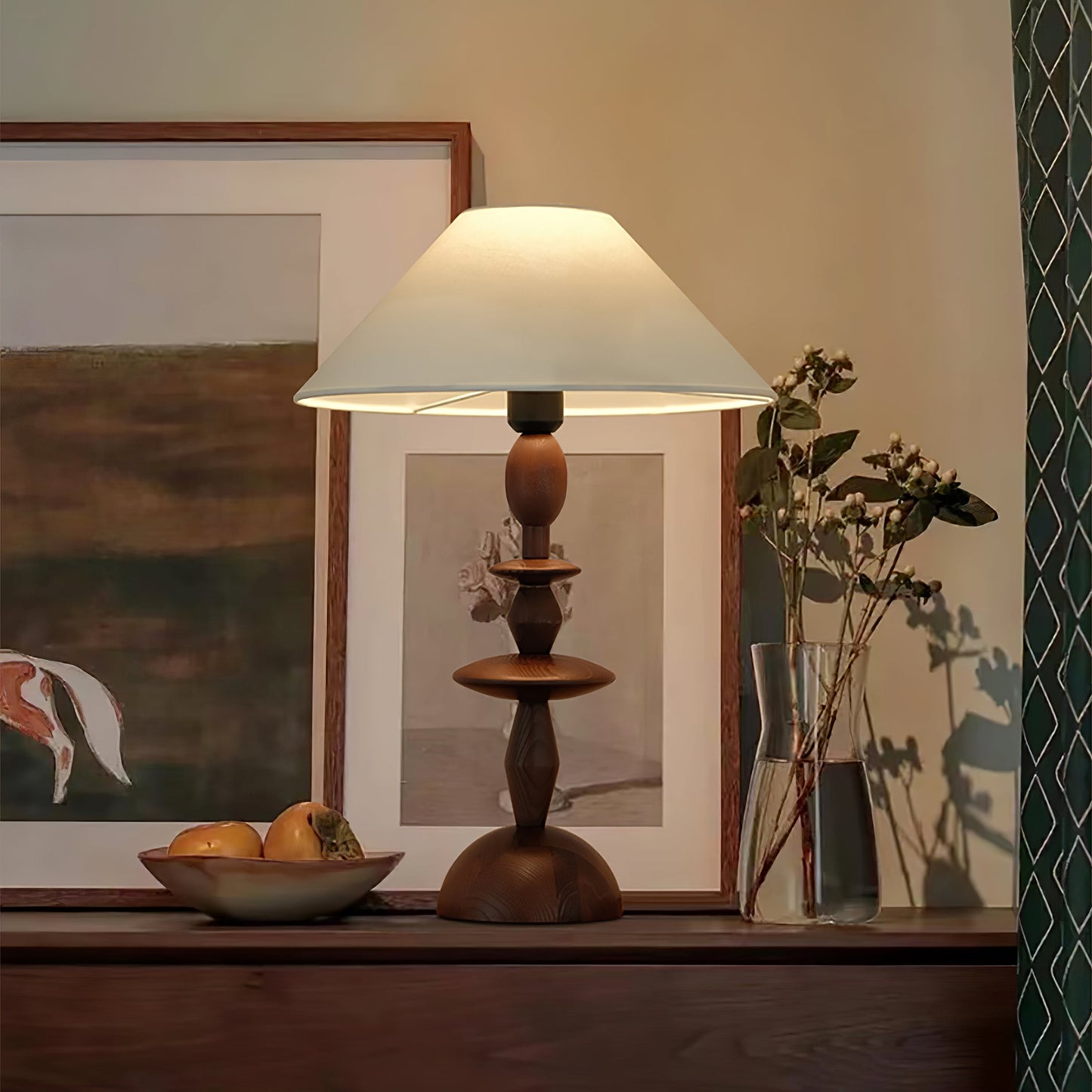 Wood Table Lamp | Handcrafted Oak with Linen Shade | Walnut Color