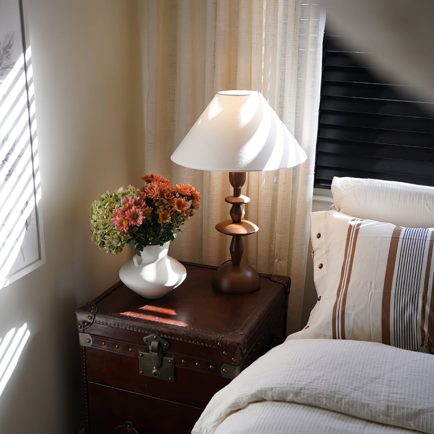 Wood Table Lamp | Handcrafted Oak with Linen Shade | Walnut Color