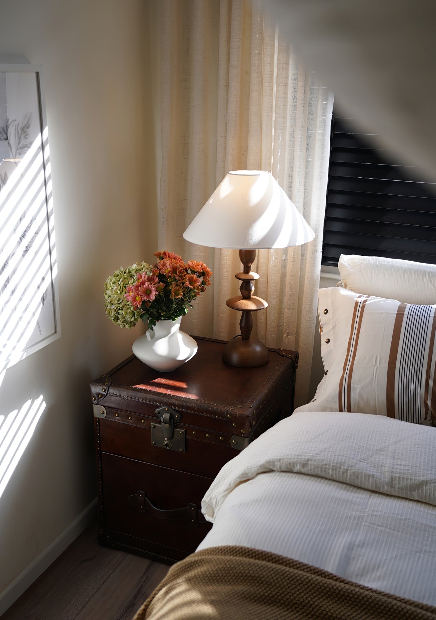 Wood Table Lamp | Handcrafted Oak with Linen Shade | Walnut Color