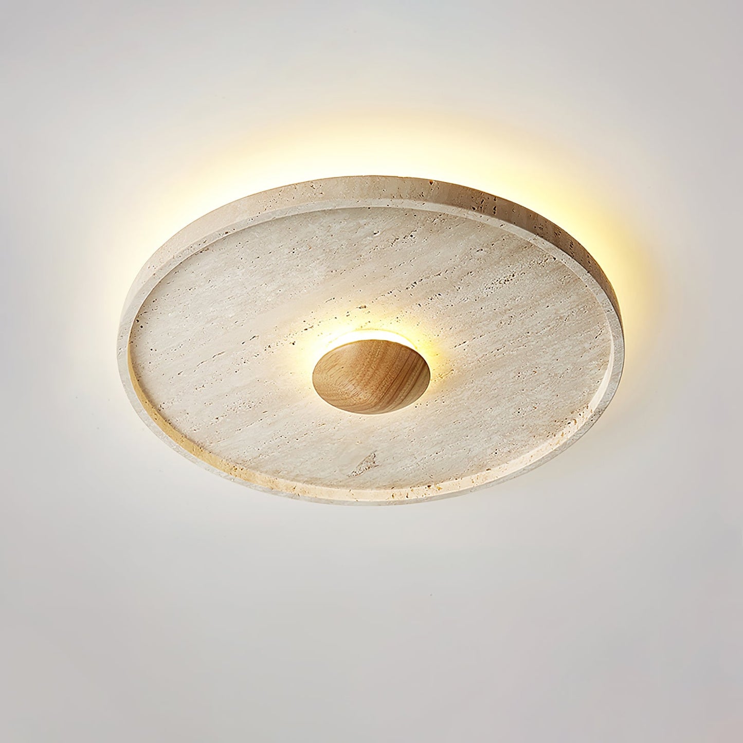 Tranquil Aura Ceiling Light | Yellow Travertine & Wood | 42cm Diameter