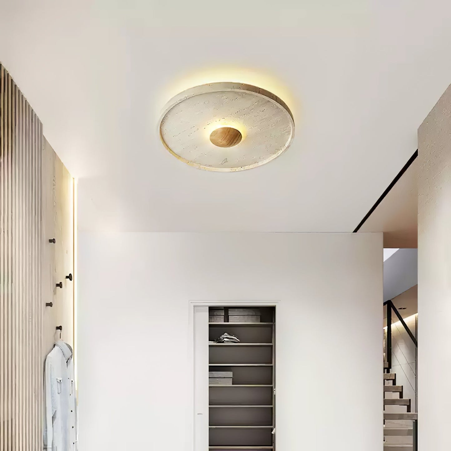 Tranquil Aura Ceiling Light | Yellow Travertine & Wood | 42cm Diameter
