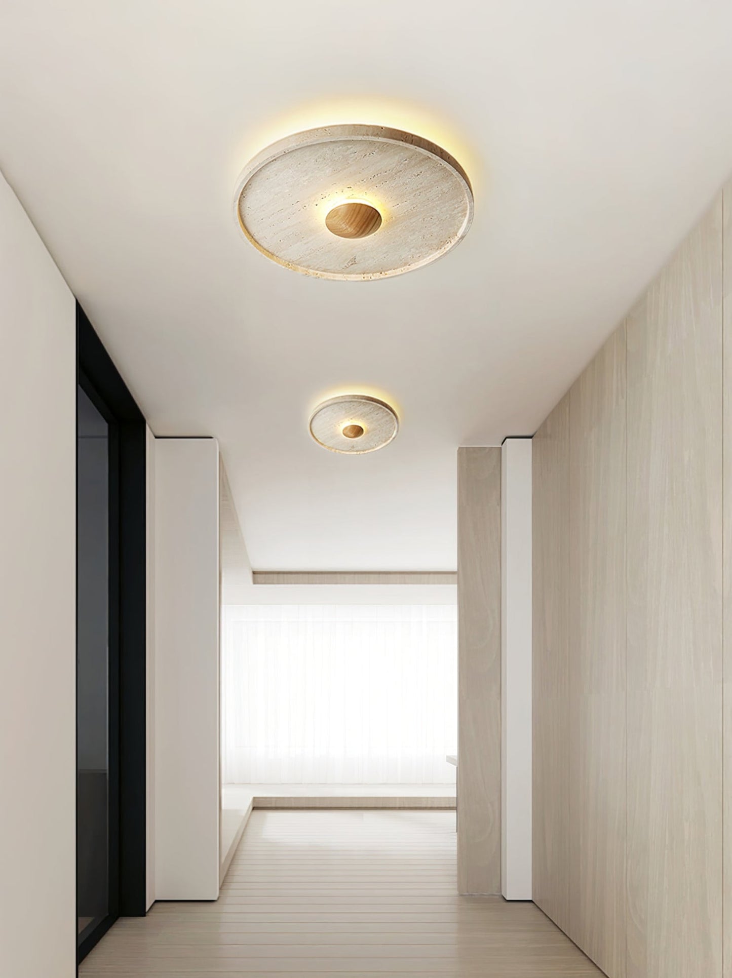 Tranquil Aura Ceiling Light | Yellow Travertine & Wood | 42cm Diameter
