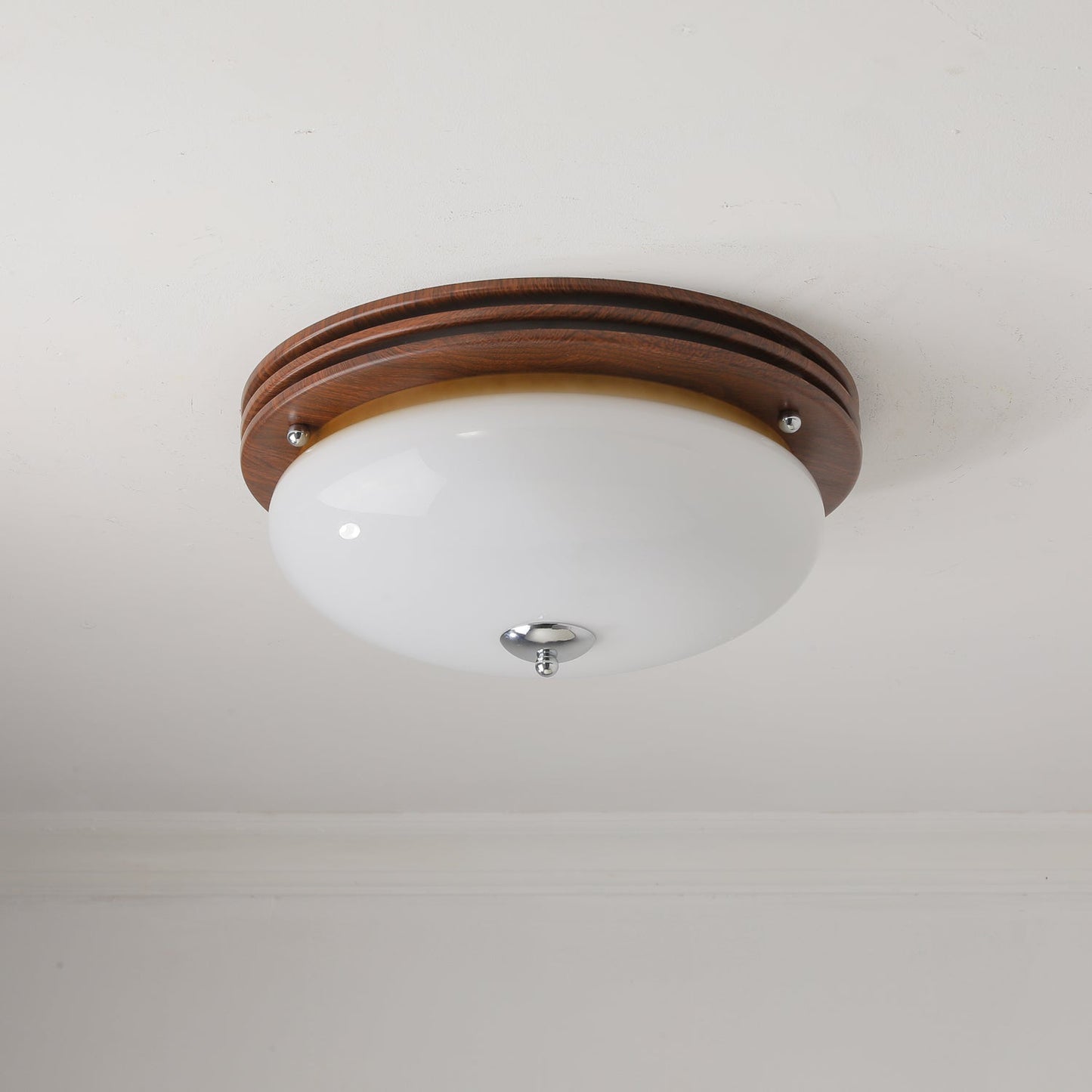 Ceiling Light Fixture | Wood-Grain Metal & Frosted Glass | 40cm Diameter