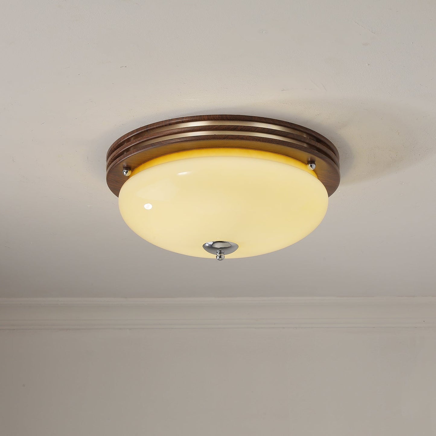 Ceiling Light Fixture | Wood-Grain Metal & Frosted Glass | 40cm Diameter