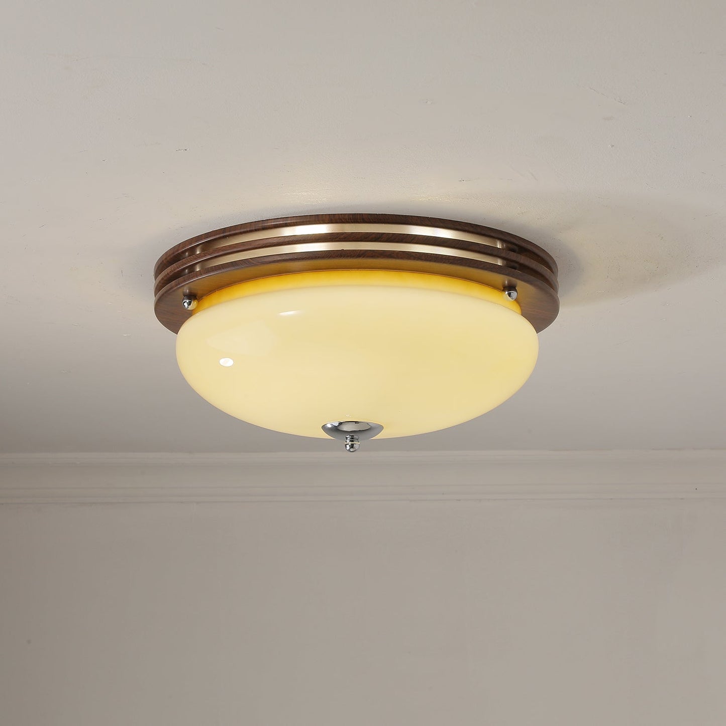 Ceiling Light Fixture | Wood-Grain Metal & Frosted Glass | 40cm Diameter
