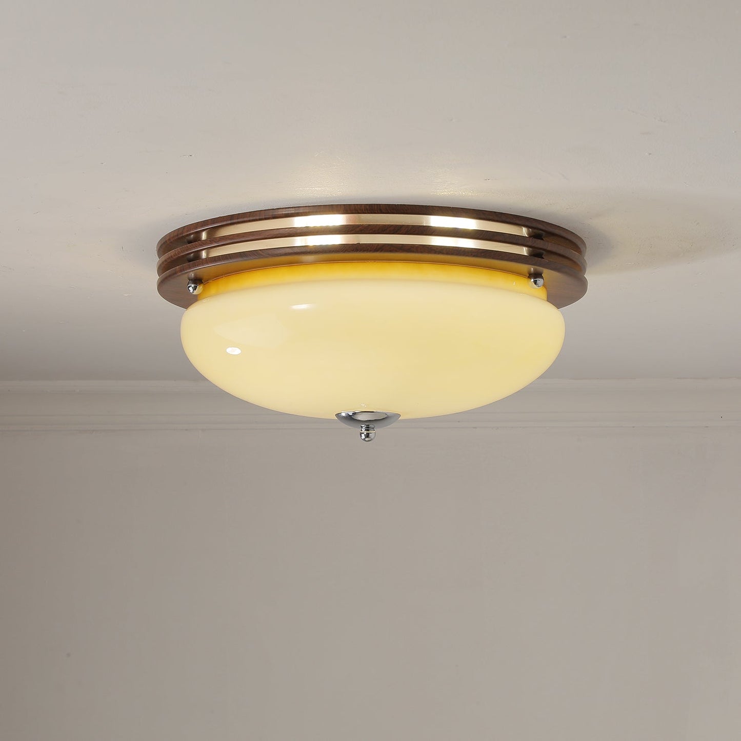 Ceiling Light Fixture | Wood-Grain Metal & Frosted Glass | 40cm Diameter