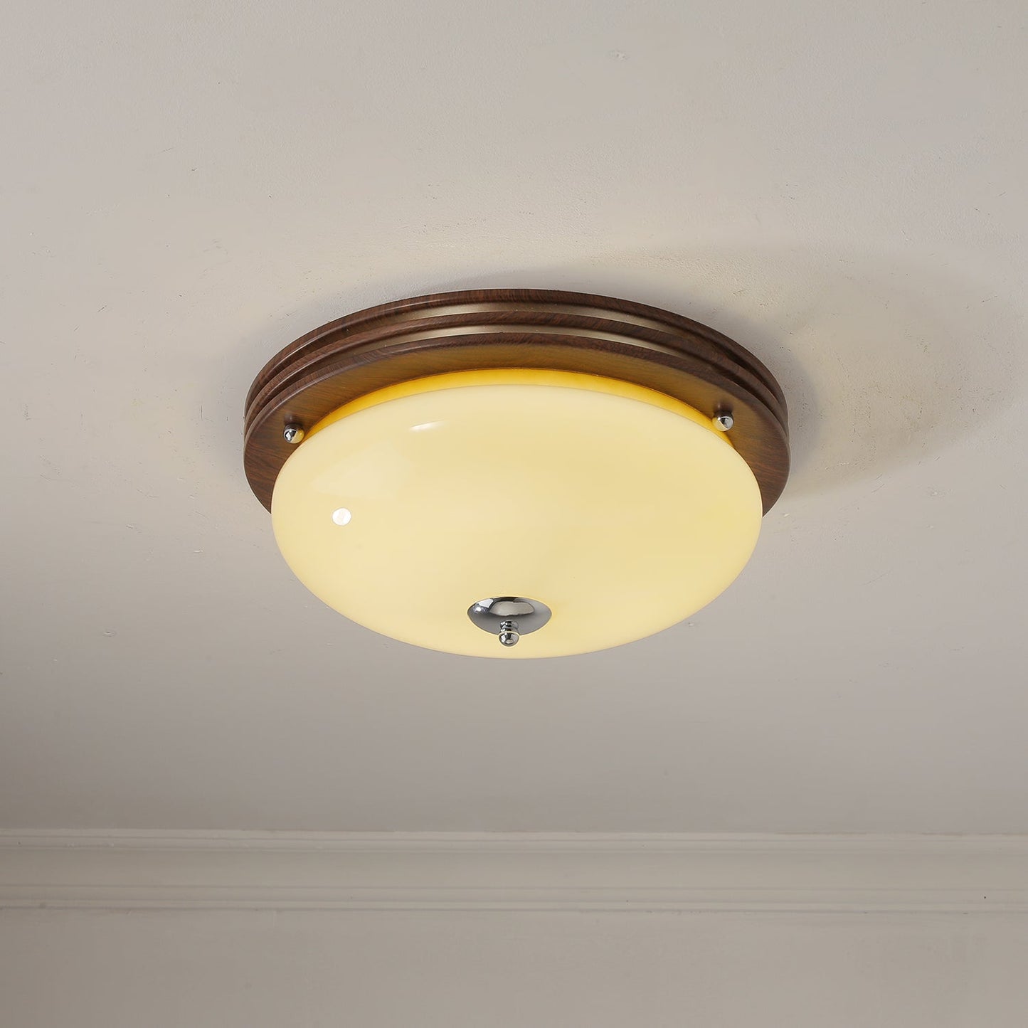 Ceiling Light Fixture | Wood-Grain Metal & Frosted Glass | 40cm Diameter