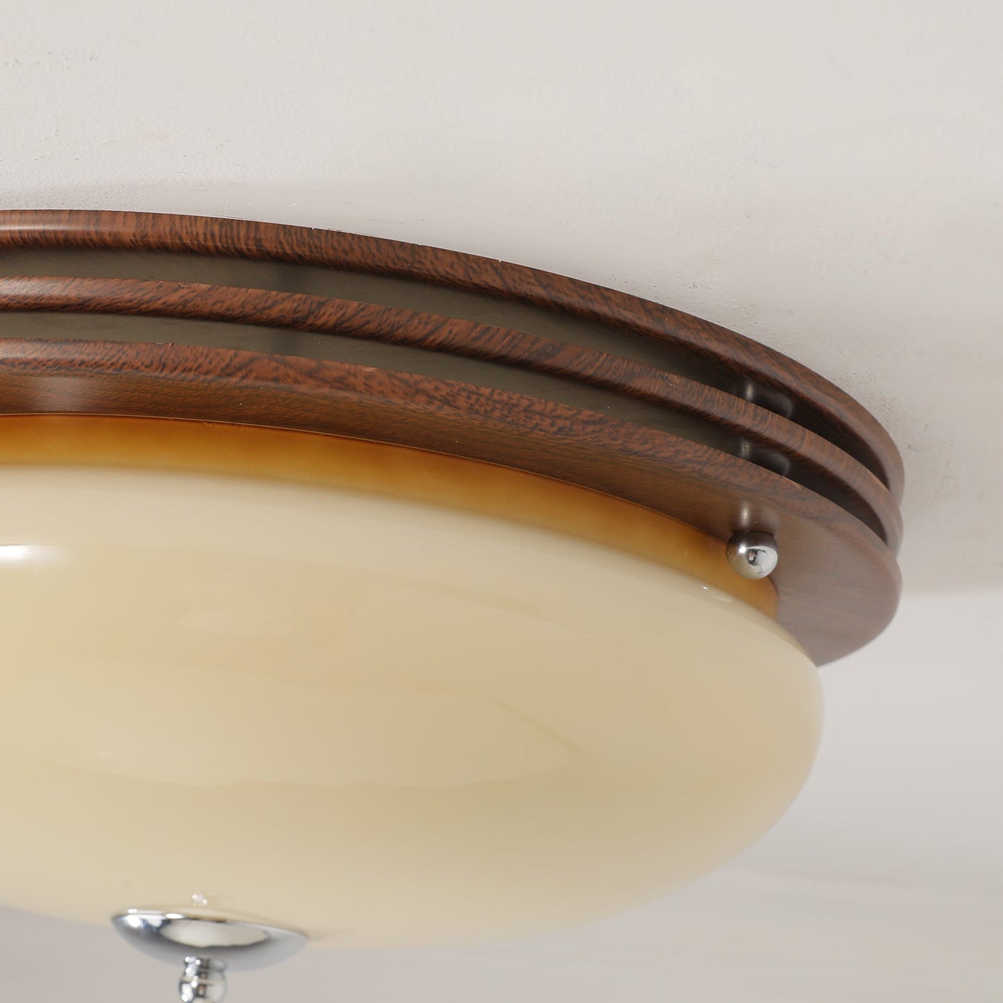 Ceiling Light Fixture | Wood-Grain Metal & Frosted Glass | 40cm Diameter