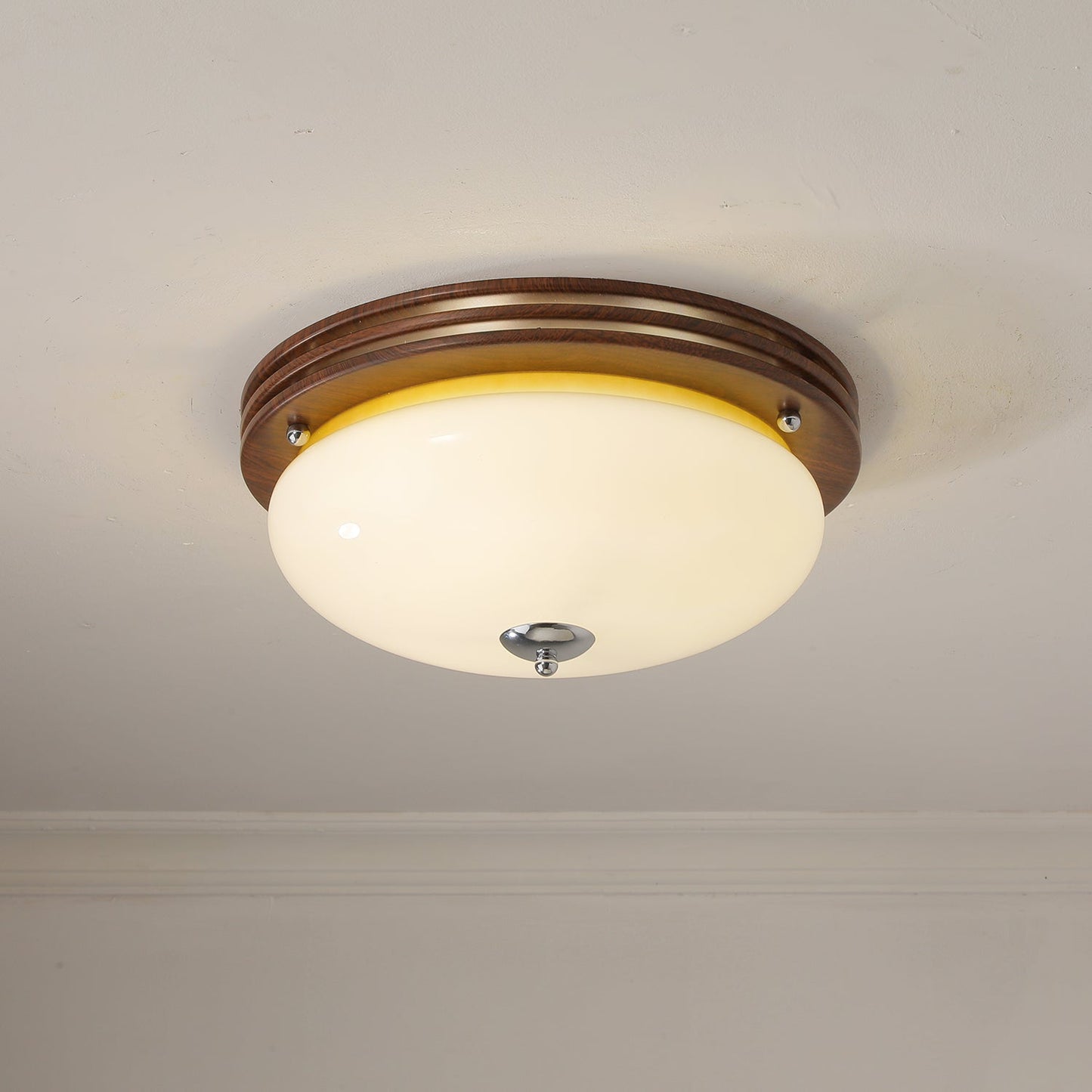 Ceiling Light Fixture | Wood-Grain Metal & Frosted Glass | 40cm Diameter