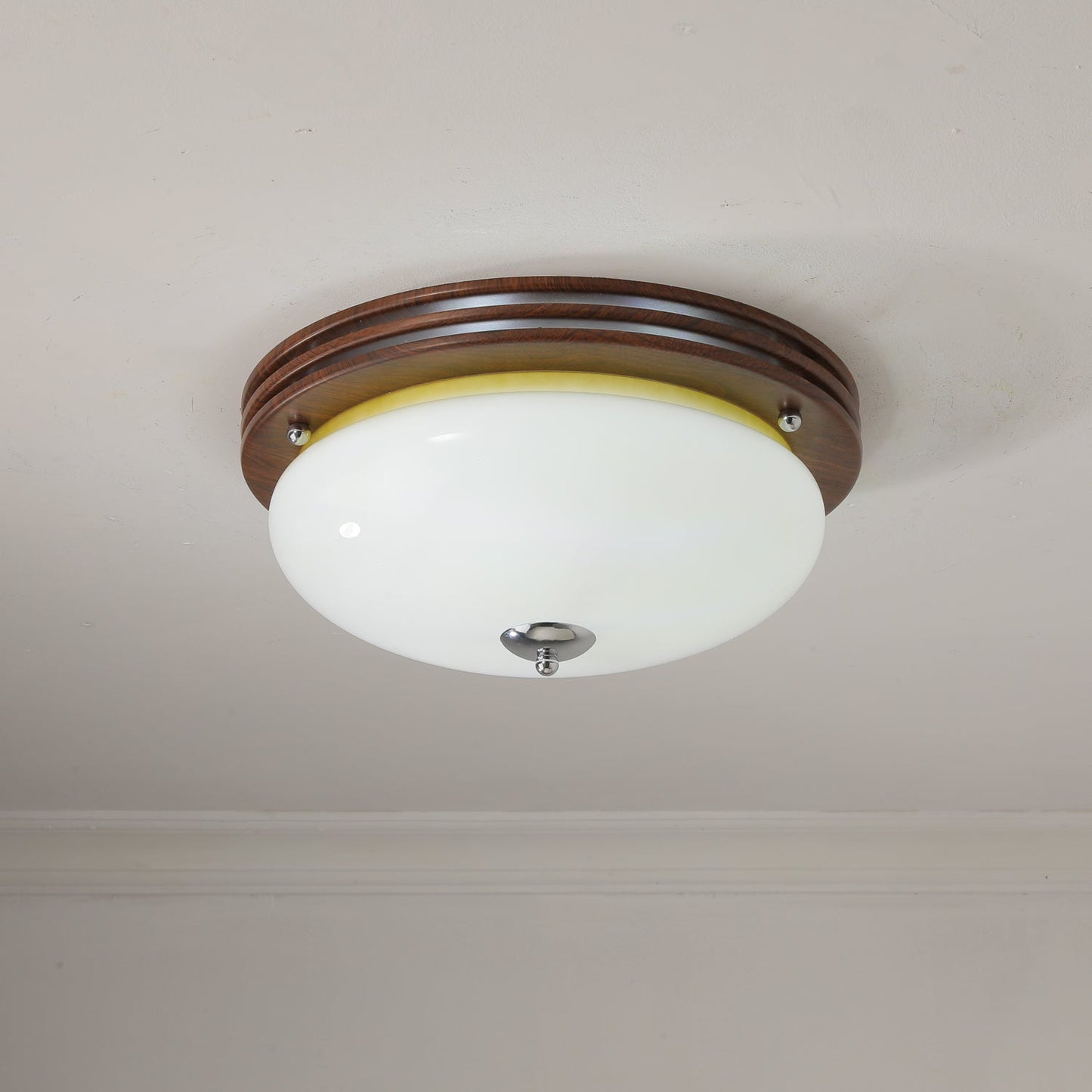 Ceiling Light Fixture | Wood-Grain Metal & Frosted Glass | 40cm Diameter