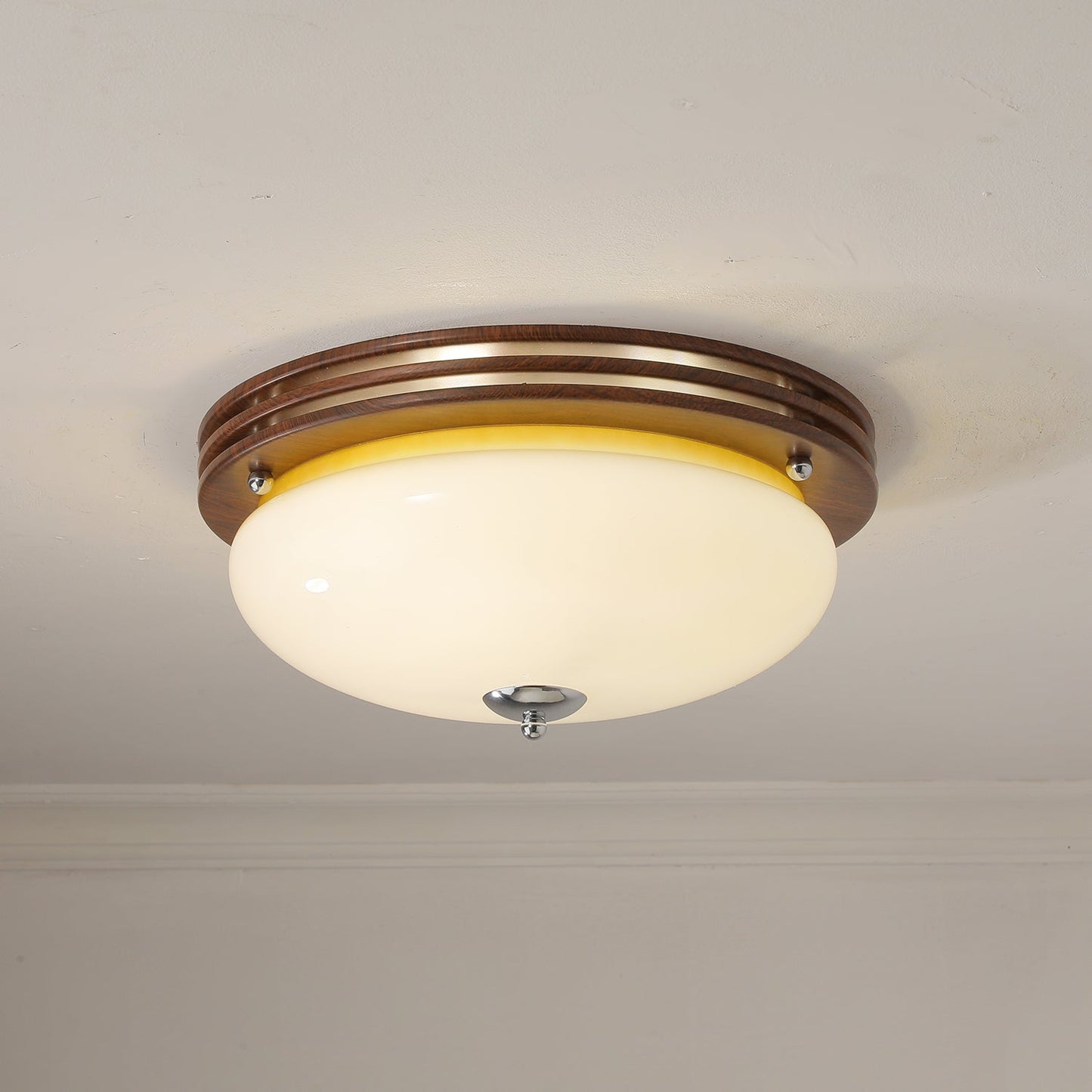 Ceiling Light Fixture | Wood-Grain Metal & Frosted Glass | 40cm Diameter