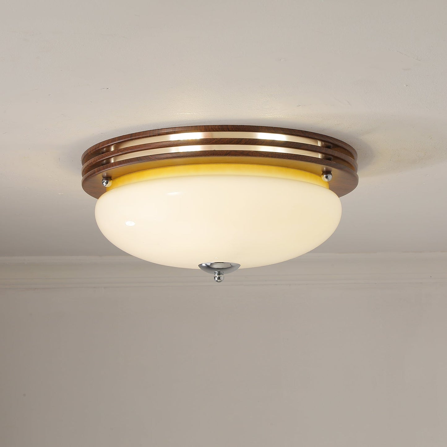 Ceiling Light Fixture | Wood-Grain Metal & Frosted Glass | 40cm Diameter