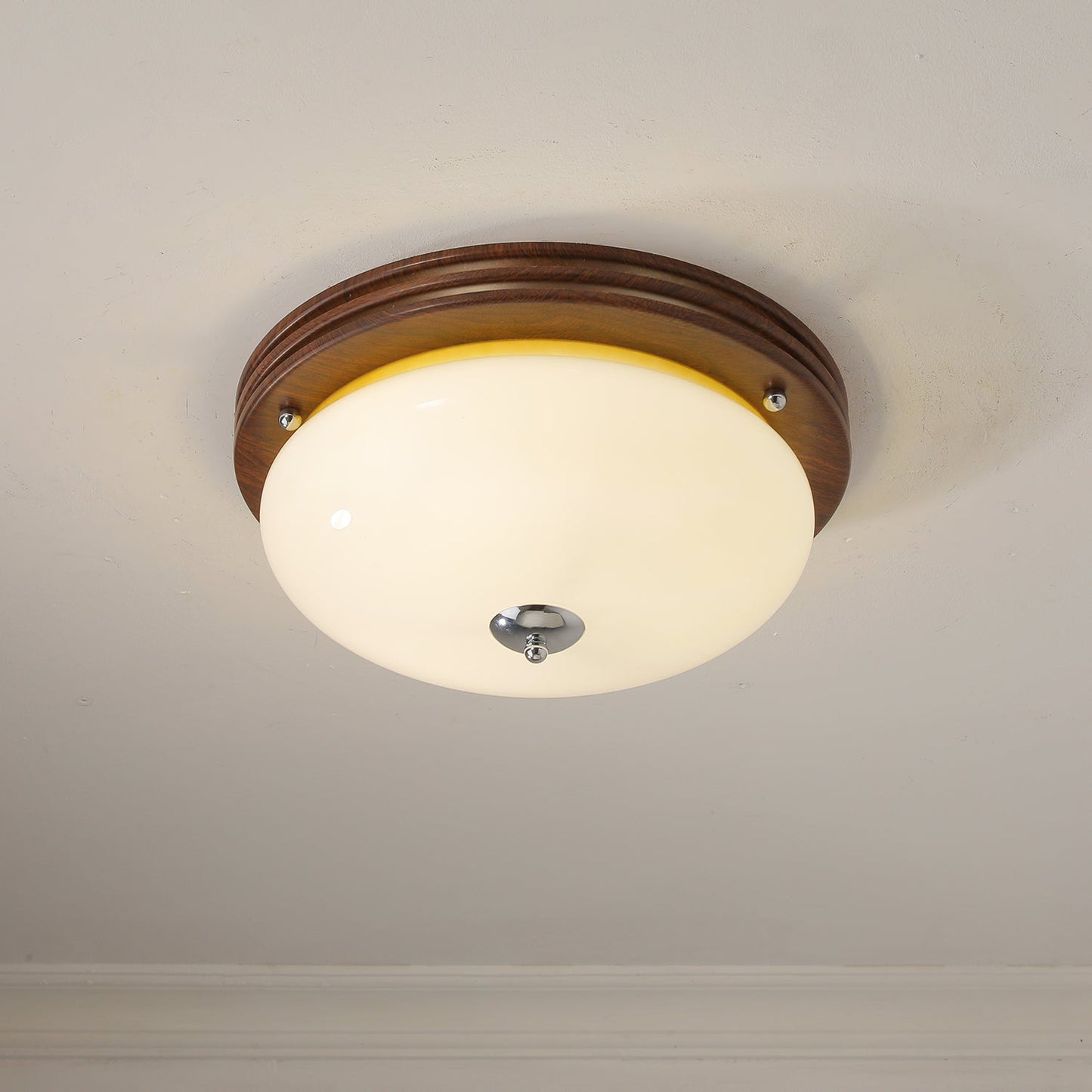 Ceiling Light Fixture | Wood-Grain Metal & Frosted Glass | 40cm Diameter