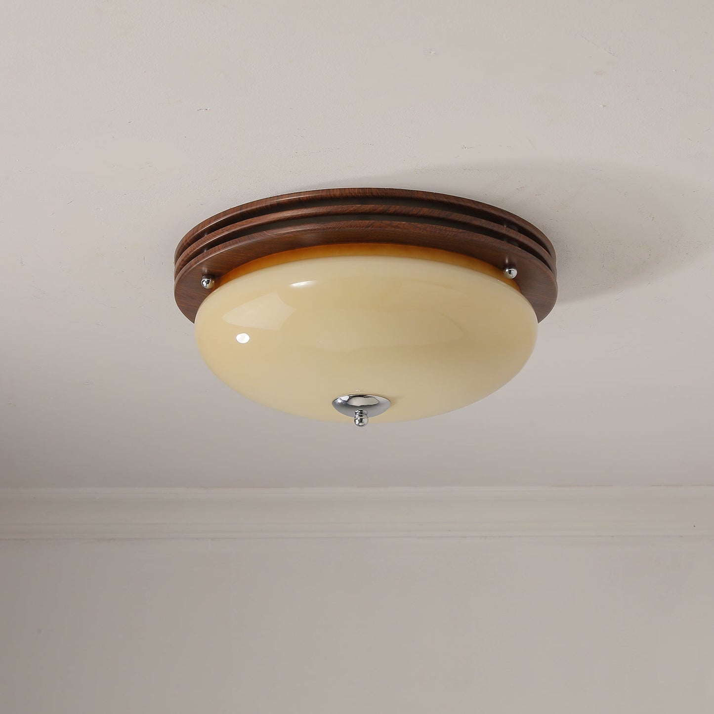 Ceiling Light Fixture | Wood-Grain Metal & Frosted Glass | 40cm Diameter