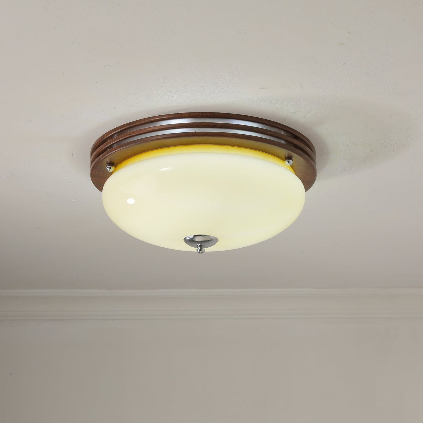 Ceiling Light Fixture | Wood-Grain Metal & Frosted Glass | 40cm Diameter