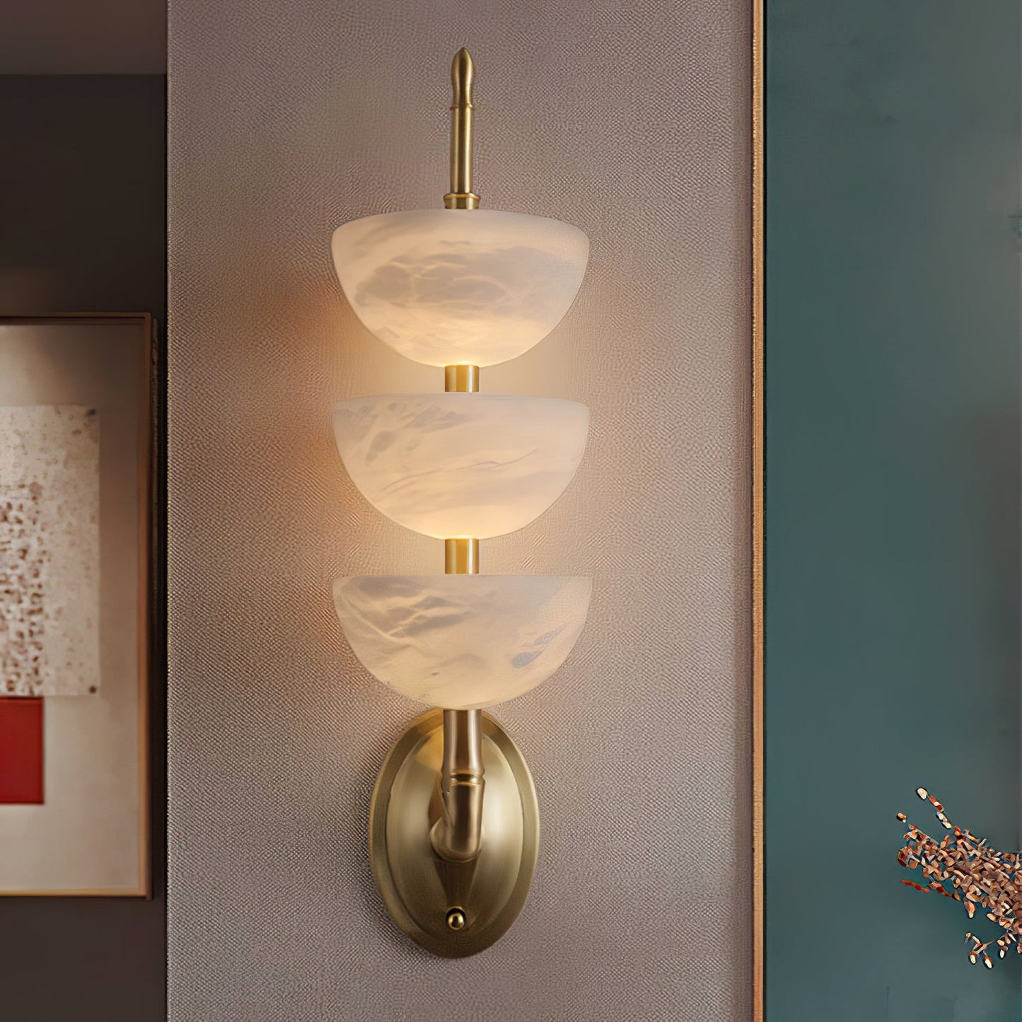Alabaster Wall Sconce | Brass Frame & Alabaster Shades | Set of 2