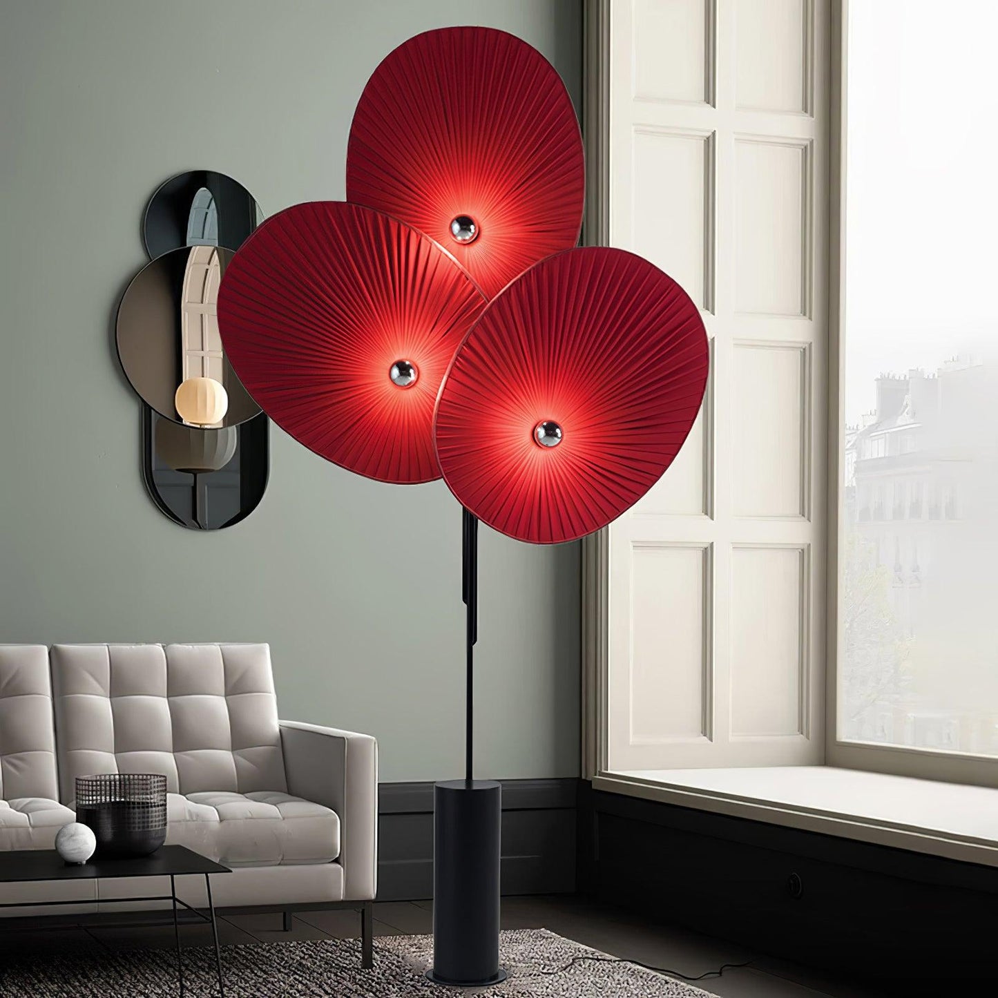 Floral Floor Lamp | Metal & Fabric | Black Frame, Red/Blue/White Shades