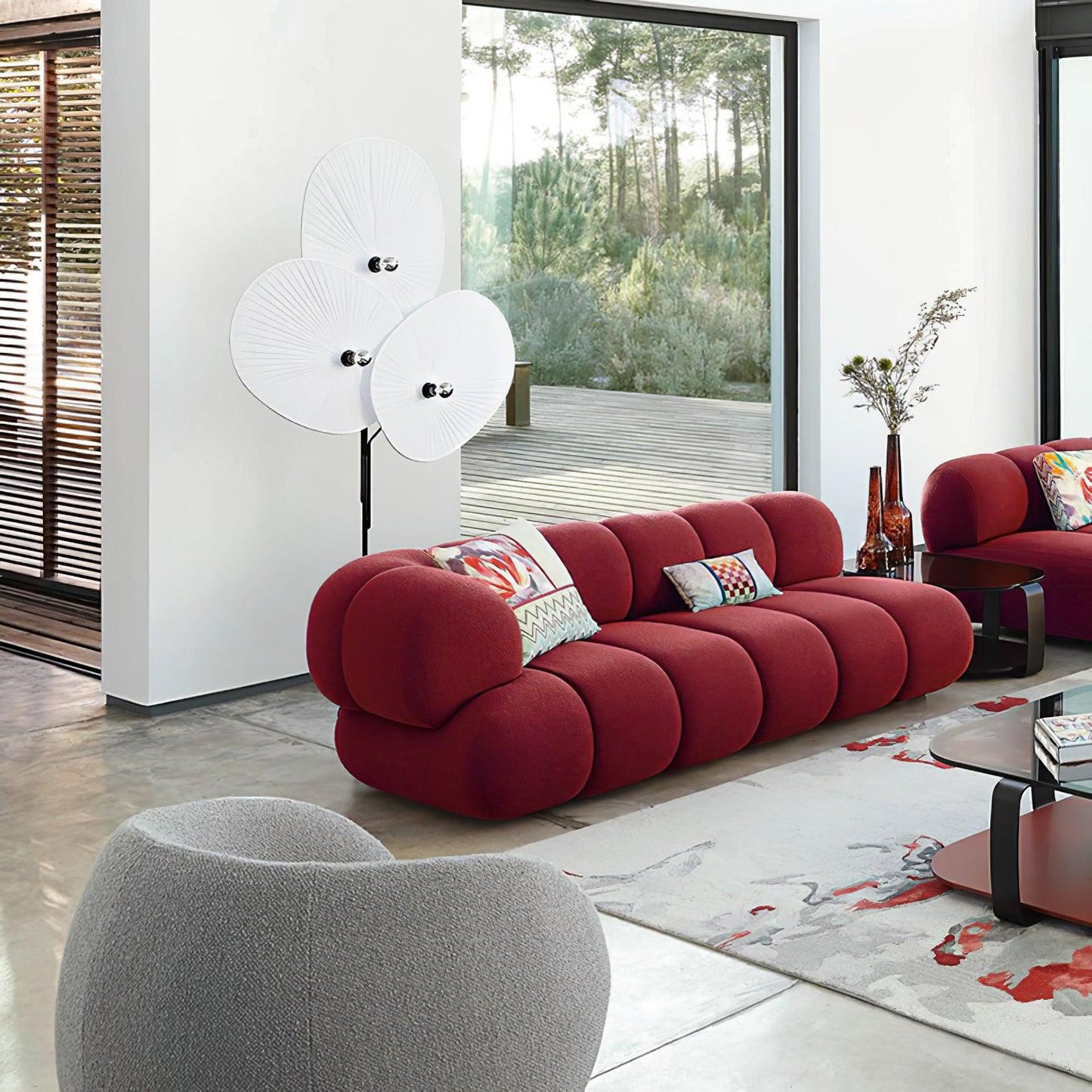Floral Floor Lamp | Metal & Fabric | Black Frame, Red/Blue/White Shades