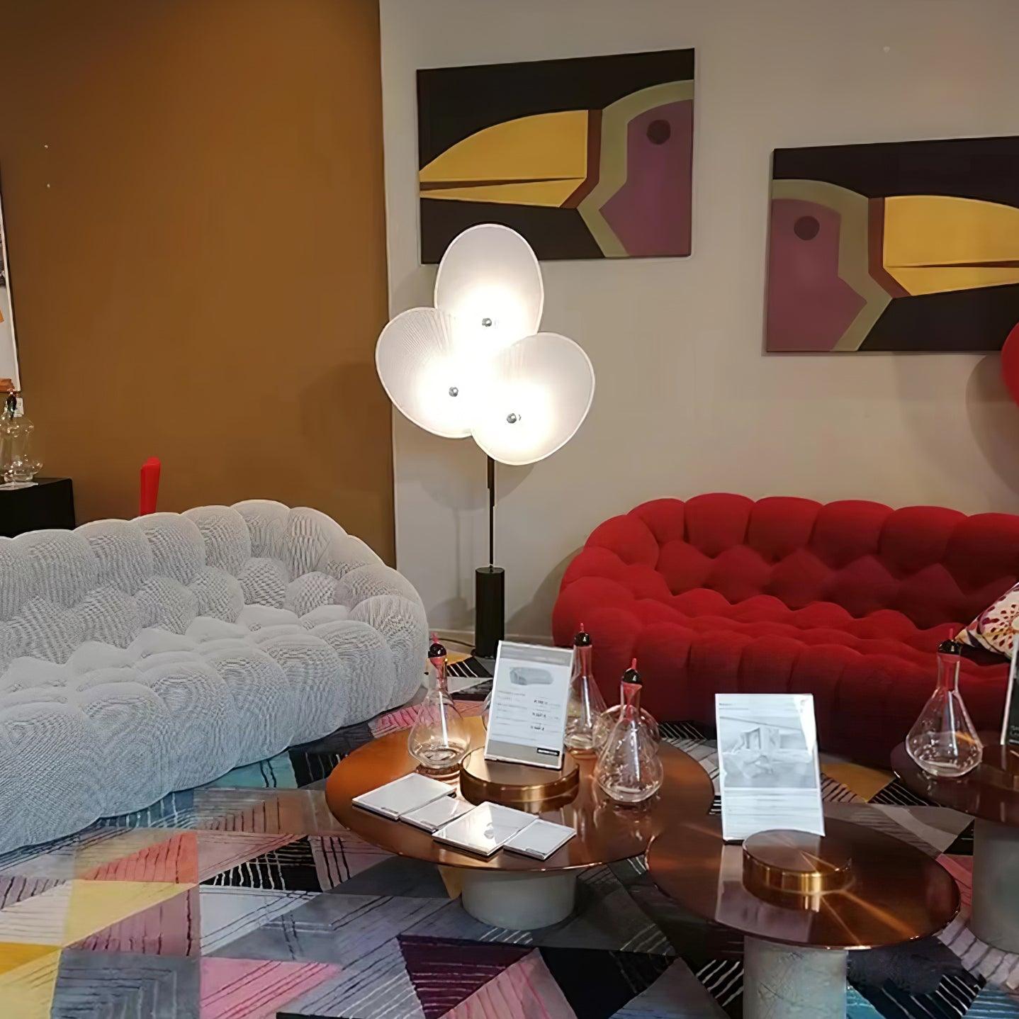 Floral Floor Lamp | Metal & Fabric | Black Frame, Red/Blue/White Shades