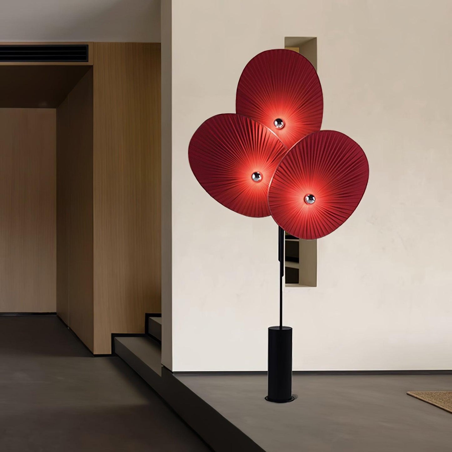 Floral Floor Lamp | Metal & Fabric | Black Frame, Red/Blue/White Shades
