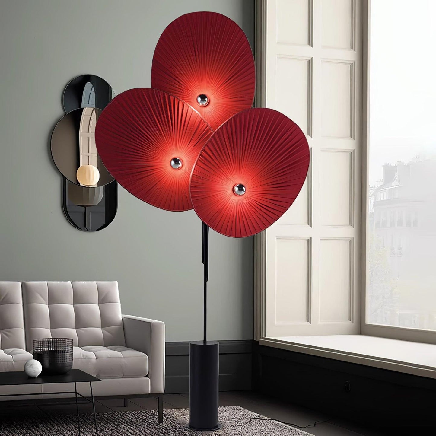 Floral Floor Lamp | Metal & Fabric | Black Frame, Red/Blue/White Shades