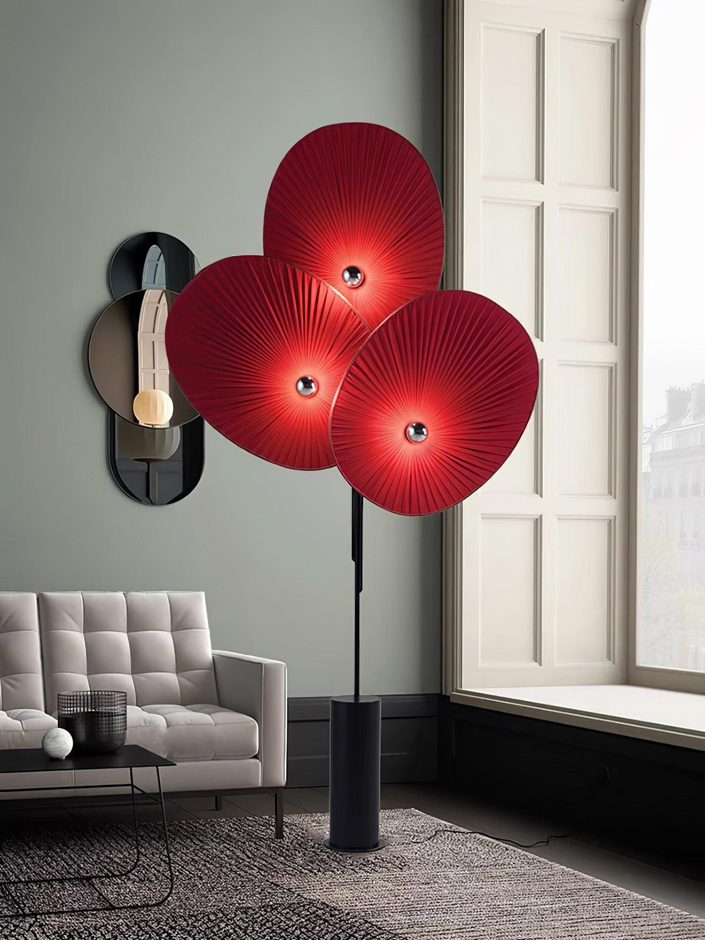 Floral Floor Lamp | Metal & Fabric | Black Frame, Red/Blue/White Shades