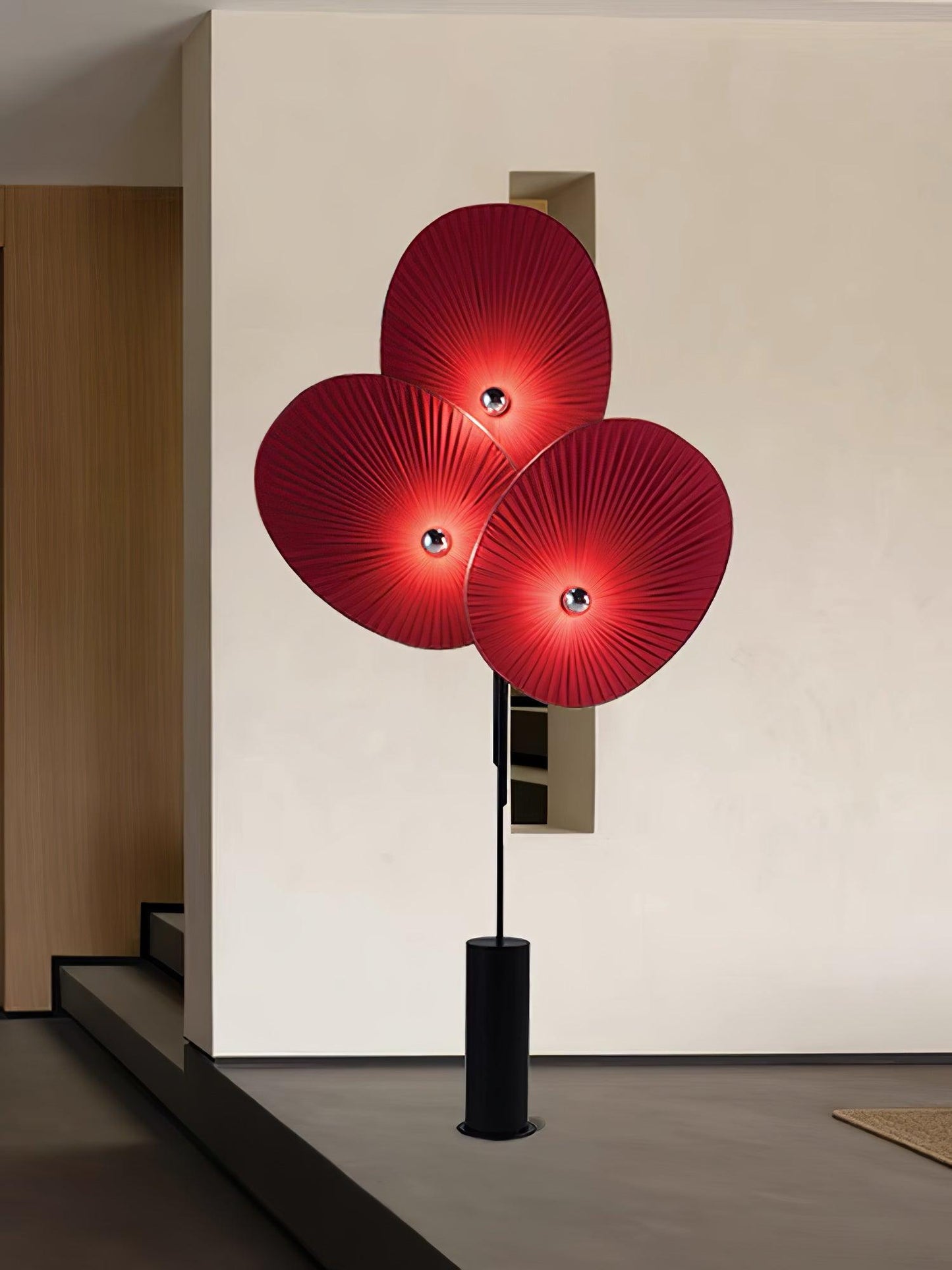 Floral Floor Lamp | Metal & Fabric | Black Frame, Red/Blue/White Shades