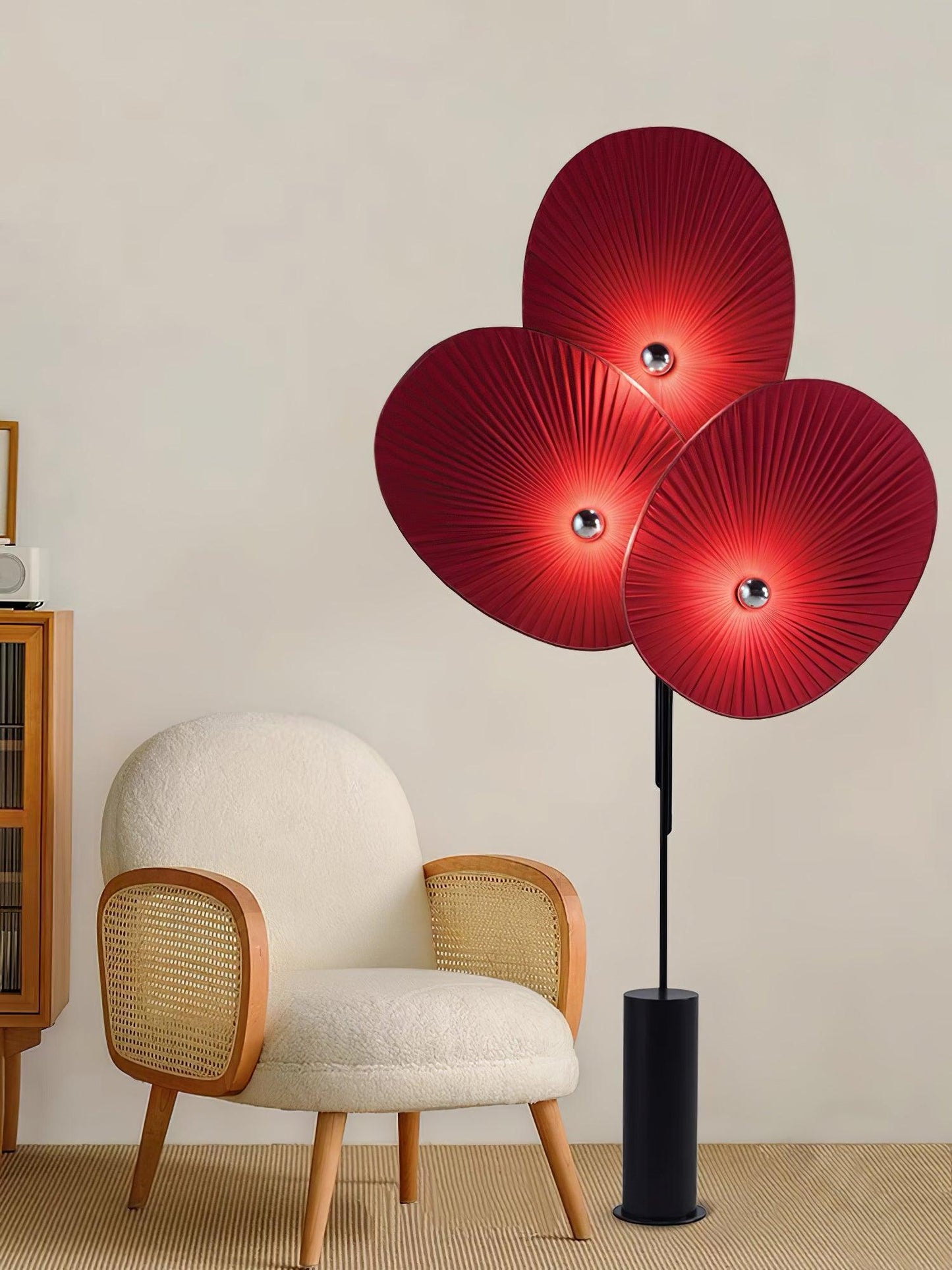 Floral Floor Lamp | Metal & Fabric | Black Frame, Red/Blue/White Shades