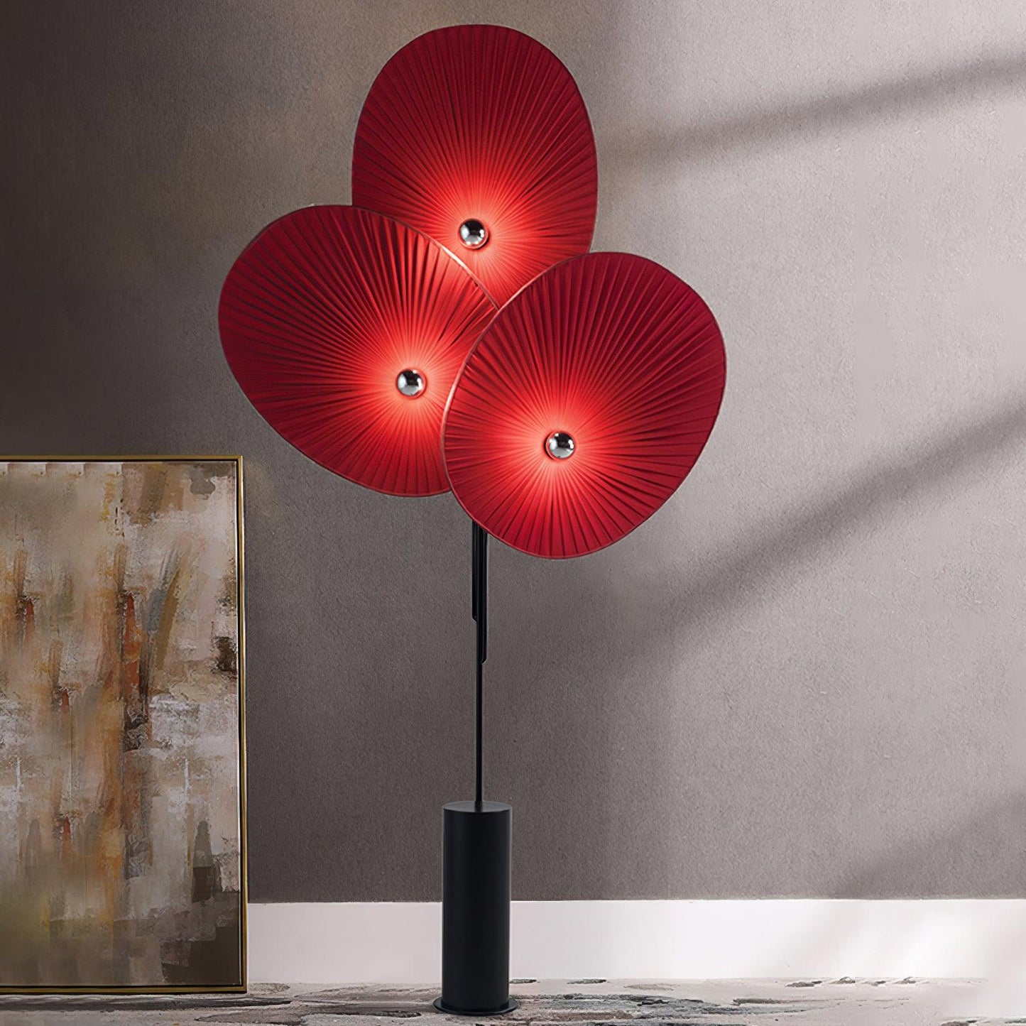 Floral Floor Lamp | Metal & Fabric | Black Frame, Red/Blue/White Shades