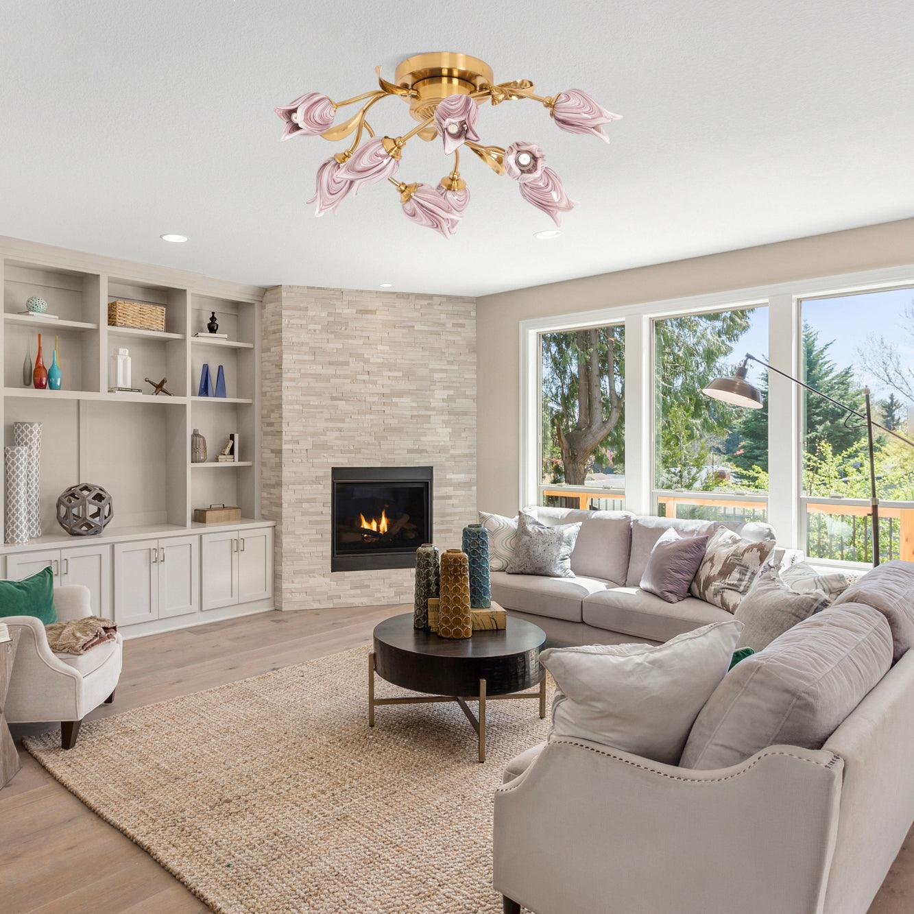 Tulip Ceiling Lamp | Glass & Metal | Pink and White