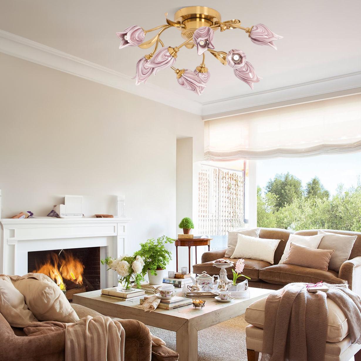 Tulip Ceiling Lamp | Glass & Metal | Pink and White